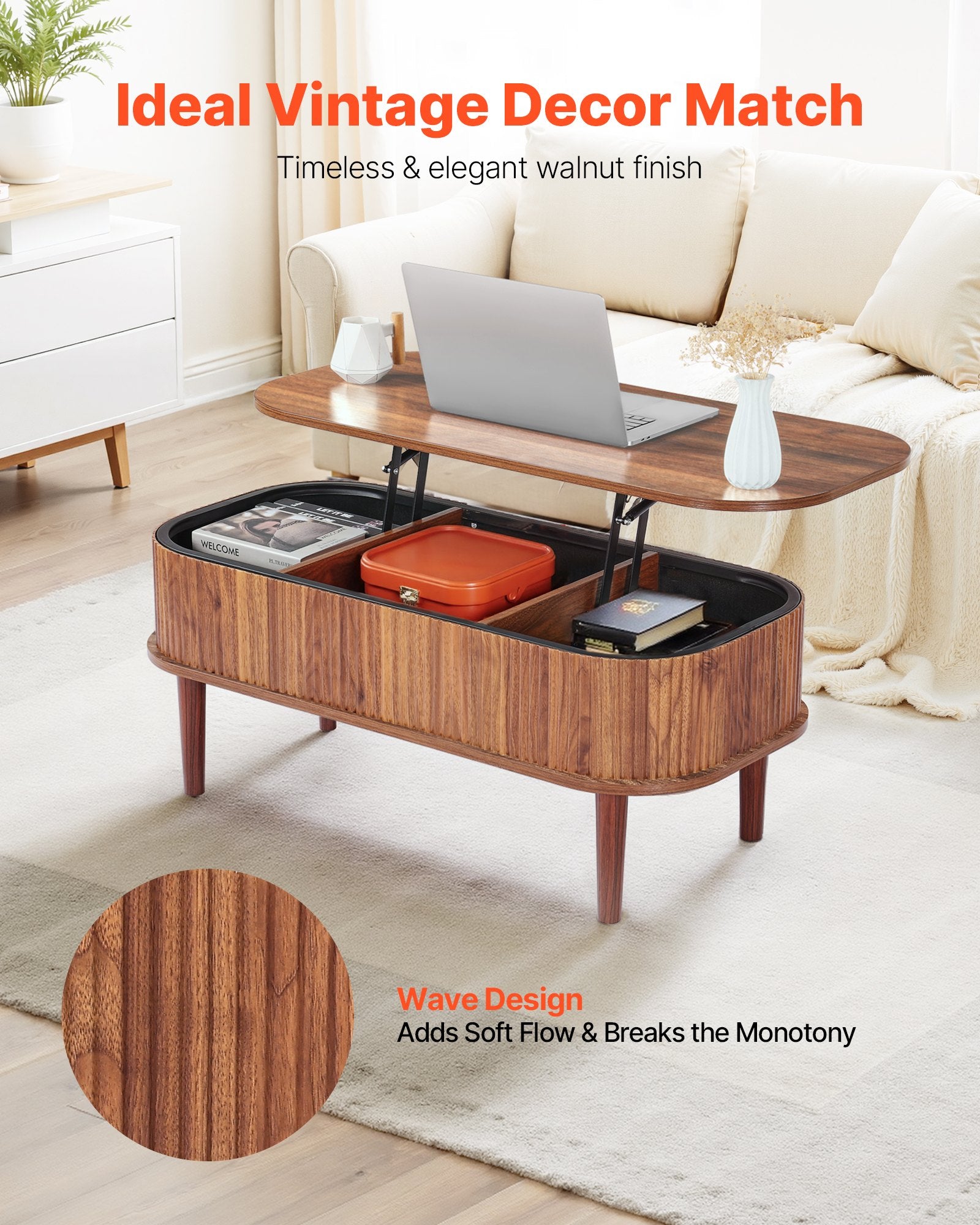 Mid-Century Modern Lift Top Coffee Table, 39.4" Oval Design with Hidden Storage, Walnut Finish, Easy Assembly, Versatile Home & Office Use
