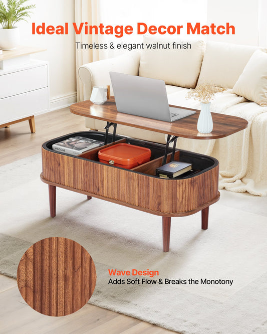 Mid-Century Modern Lift Top Coffee Table, 39.4" Oval Design with Hidden Storage, Walnut Finish, Easy Assembly, Versatile Home & Office Use