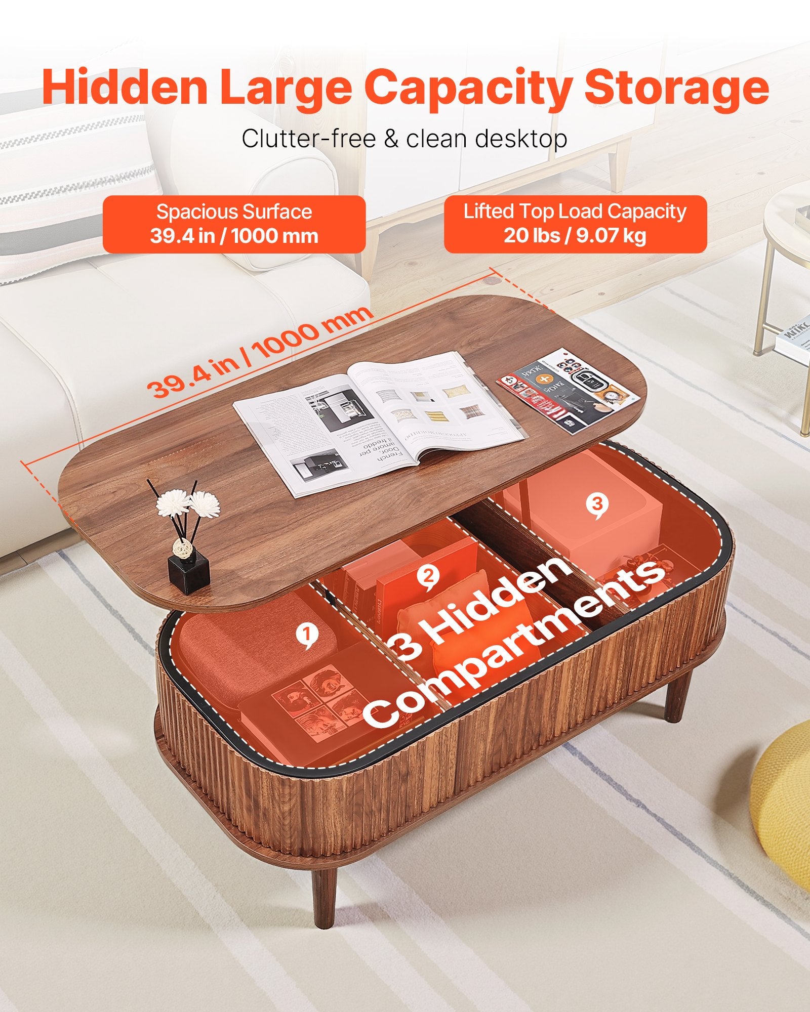 Mid-Century Modern Lift Top Coffee Table, 39.4" Oval Design with Hidden Storage, Walnut Finish, Easy Assembly, Versatile Home & Office Use