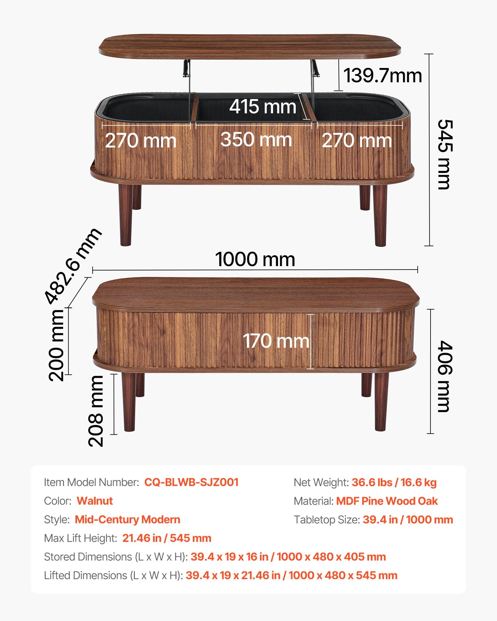 Mid-Century Modern Lift Top Coffee Table, 39.4" Oval Design with Hidden Storage, Walnut Finish, Easy Assembly, Versatile Home & Office Use