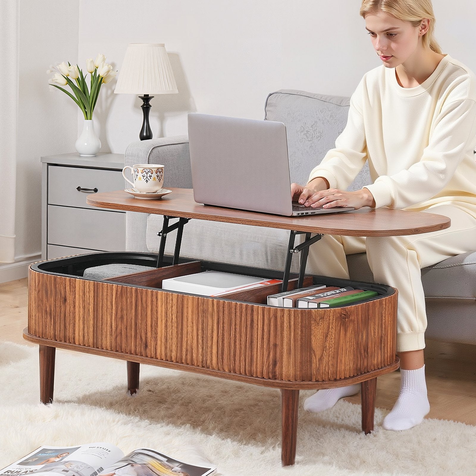 Mid-Century Modern Lift Top Coffee Table, 39.4" Oval Design with Hidden Storage, Walnut Finish, Easy Assembly, Versatile Home & Office Use