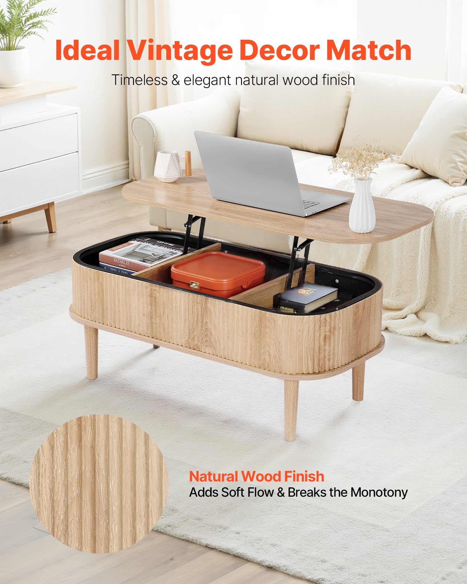 Mid-Century Modern Lift Top Coffee Table, 39.4" Oval Design with Hidden Storage, Fluted Wood Centerpiece for Home & Office, Easy Assembly