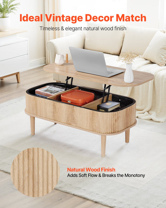 Mid-Century Modern Lift Top Coffee Table, 39.4" Oval Design with Hidden Storage, Fluted Wood Centerpiece for Home & Office, Easy Assembly