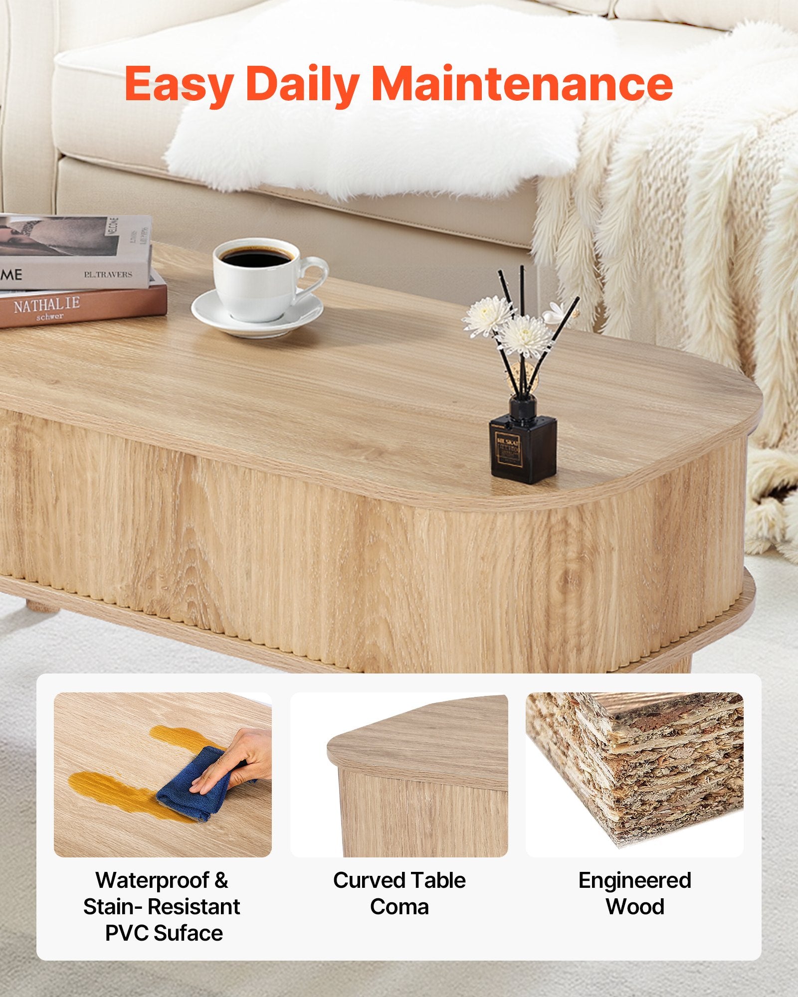 Mid-Century Modern Lift Top Coffee Table, 39.4" Oval Design with Hidden Storage, Fluted Wood Centerpiece for Home & Office, Easy Assembly
