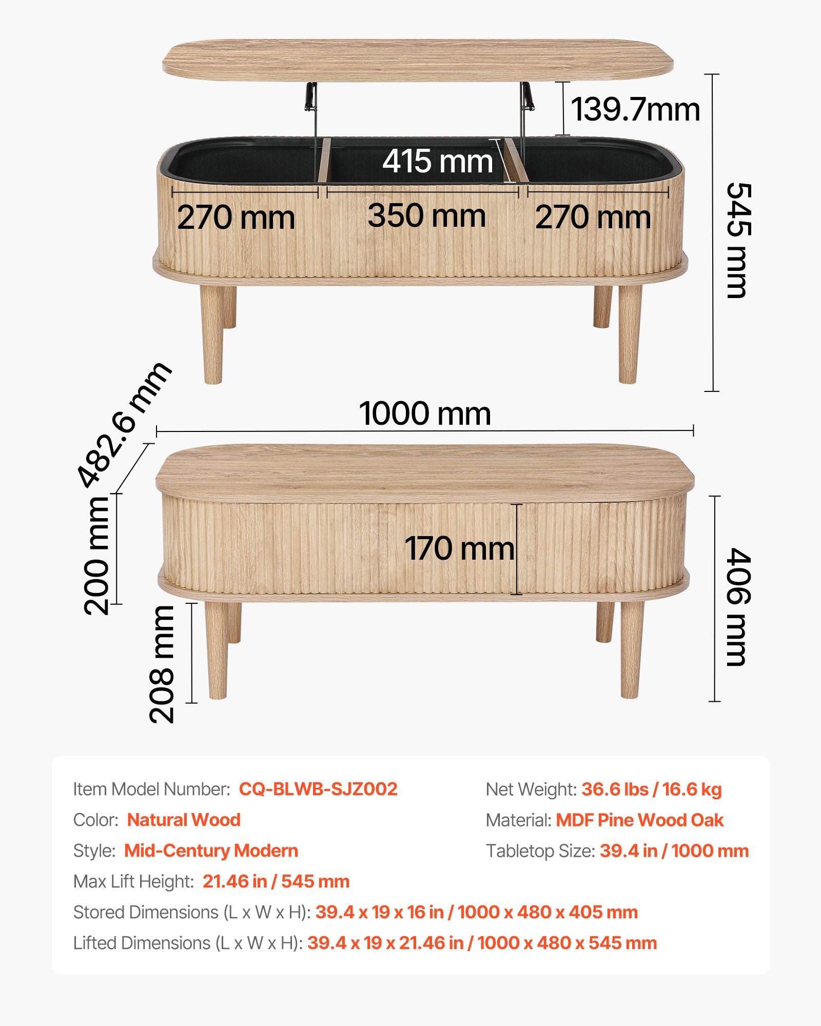 Mid-Century Modern Lift Top Coffee Table, 39.4" Oval Design with Hidden Storage, Fluted Wood Centerpiece for Home & Office, Easy Assembly