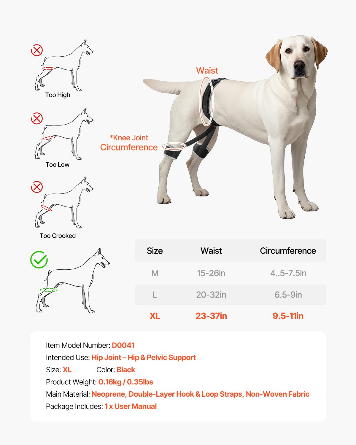 XL Dog Hip Support Brace with Reflective Trim, Breathable Neoprene Hind Leg Braces for Pain Relief & Recovery, Adjustable Harness for Hip & Pelvic Support