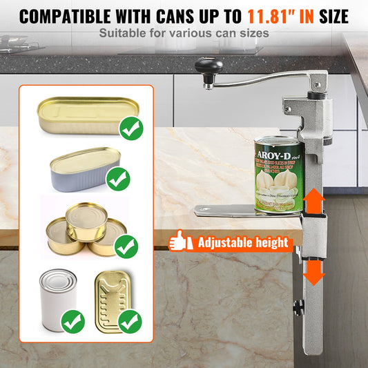 Heavy Duty Manual Can Opener with Adjustable Height for Large Cans – Industrial Table Opener for Restaurants, Hotels, Bars, & Home Kitchens, Fits Cans up to 11.8" Tall, Durable SUS420 Blade for High Efficiency