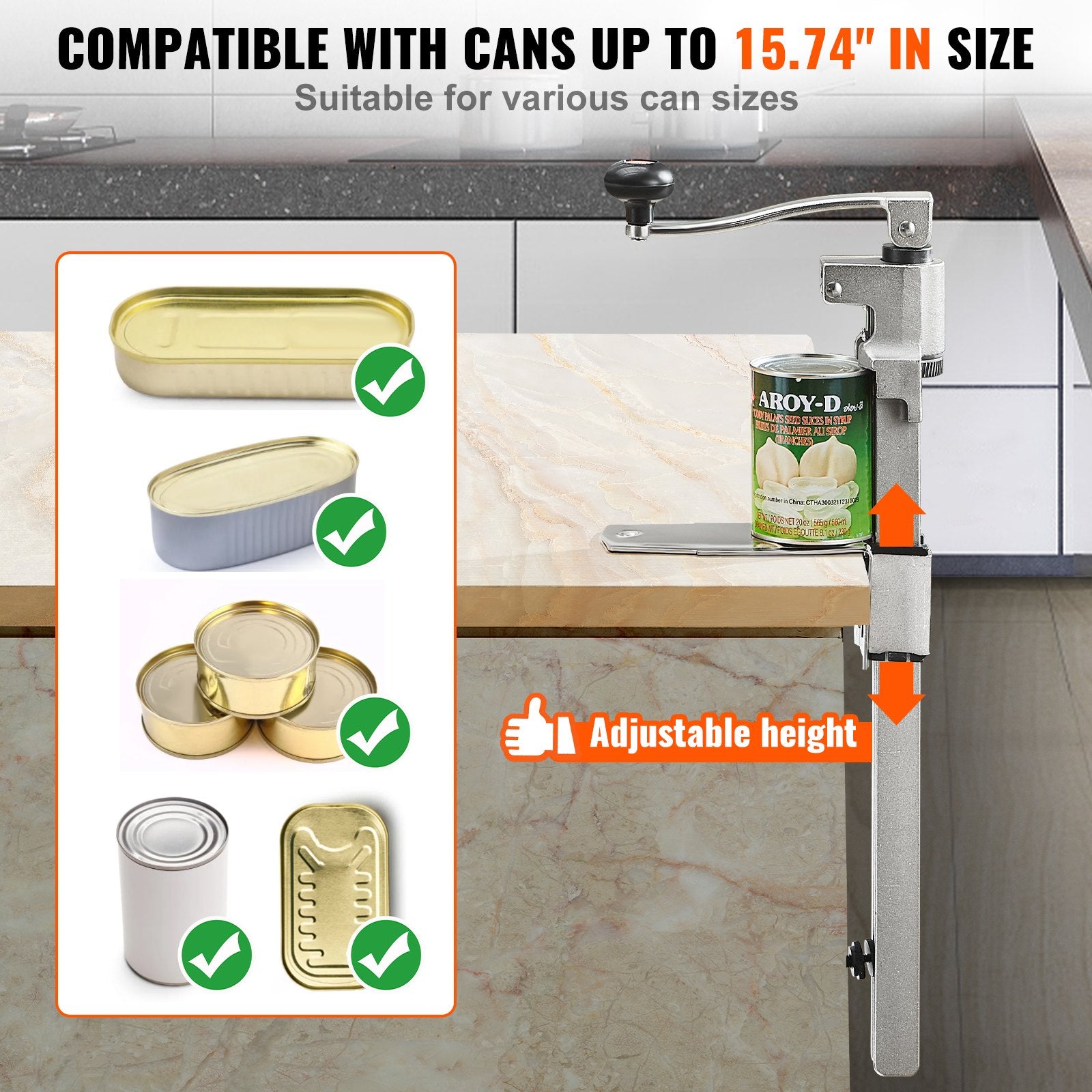 Heavy Duty Manual Can Opener with Adjustable Height for Large Cans, Ideal for Restaurants and Bars, Industrial Grade, Easy to Use and Clean