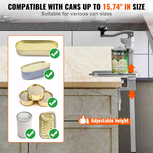 Heavy Duty Manual Can Opener with Adjustable Height - Commercial Table Clamp for Large Cans Up to 15.7", Ideal for Restaurants, Hotels, Home Bars