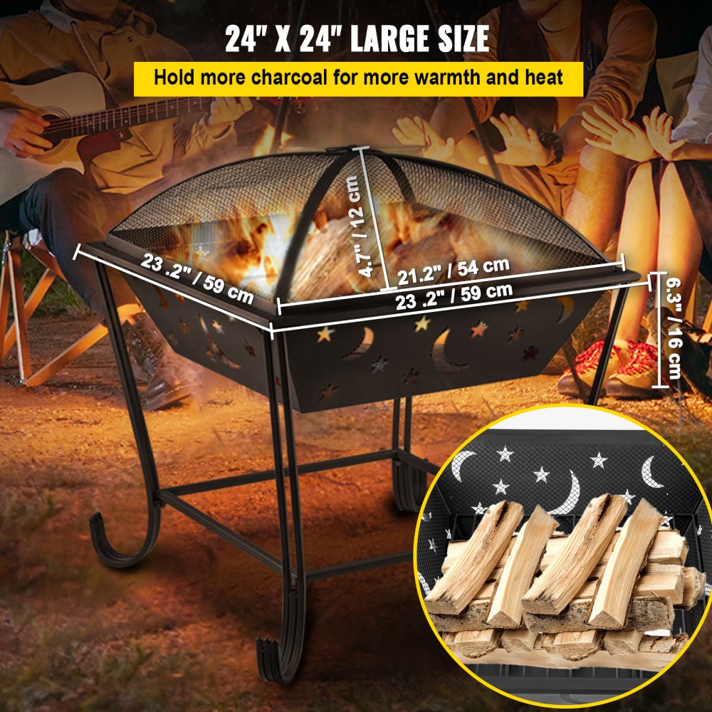 VEVOR BBQ Grill Fire Bowl, 24"x24" Wood Burning Pit, Solid Steel Wood Fire Pits, Wood Fire Pits Outdoor w/ Spark Screen Cover, Fire Pits for Outside w/ Stainless Steel Baking Net for Baking & Warming