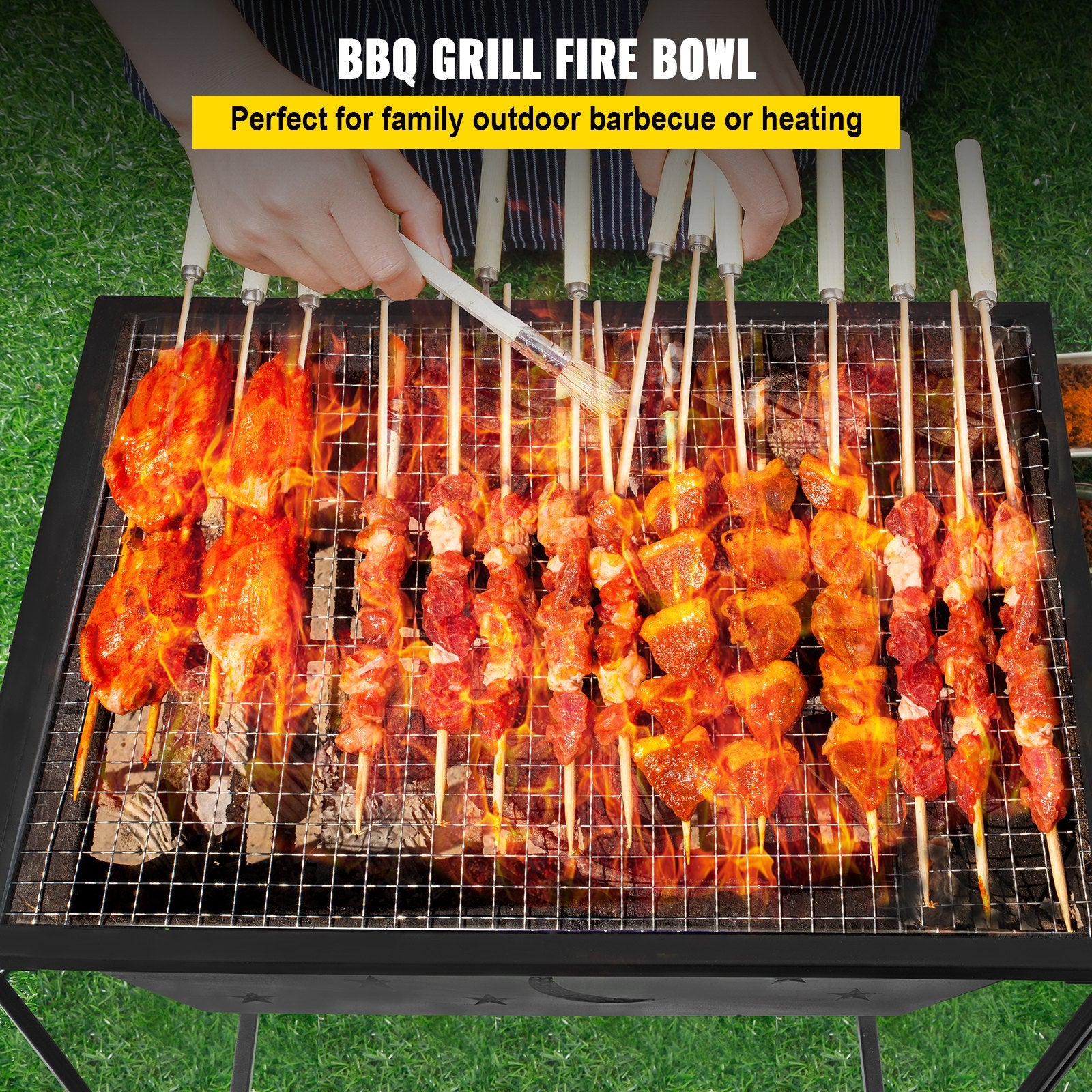 24"x24" Outdoor Fire Pit with Spark Screen, Steel BBQ Grill Bowl for Wood Burning, Includes Baking Net & Poker for Backyard Warmth