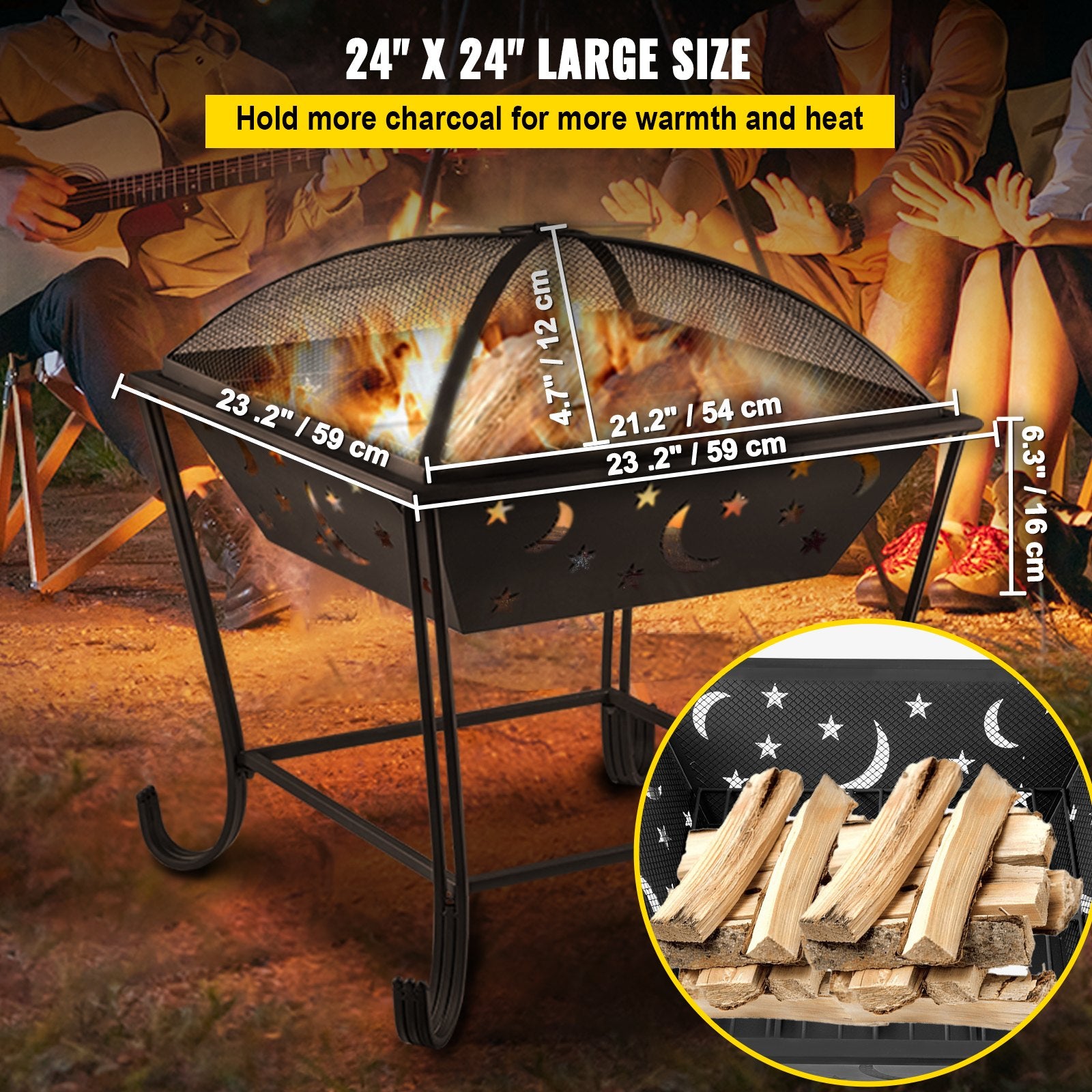 24"x24" Outdoor Fire Pit with Spark Screen, Steel BBQ Grill Bowl for Wood Burning, Includes Baking Net & Poker for Backyard Warmth