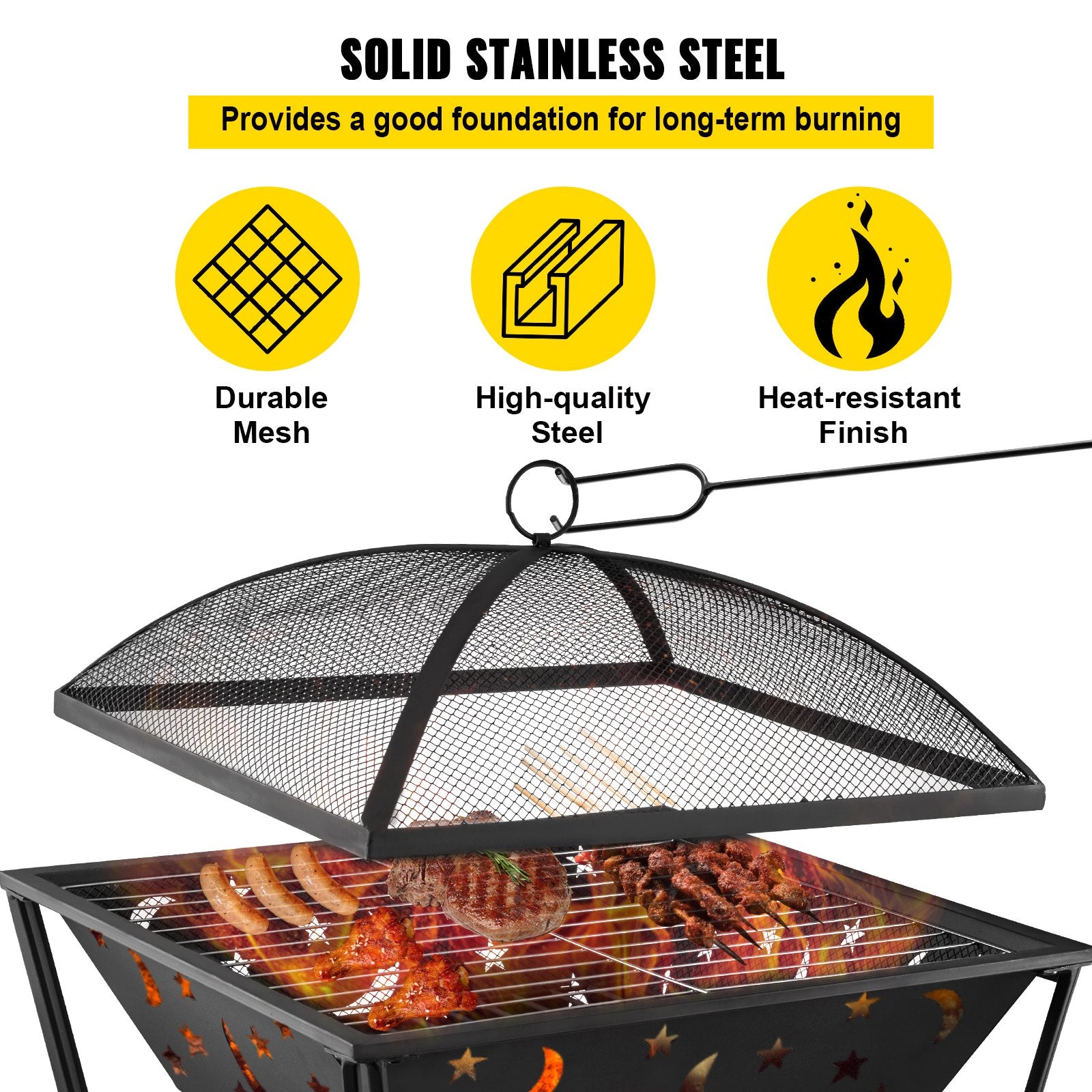 24"x24" Outdoor Fire Pit with Spark Screen, Steel BBQ Grill Bowl for Wood Burning, Includes Baking Net & Poker for Backyard Warmth