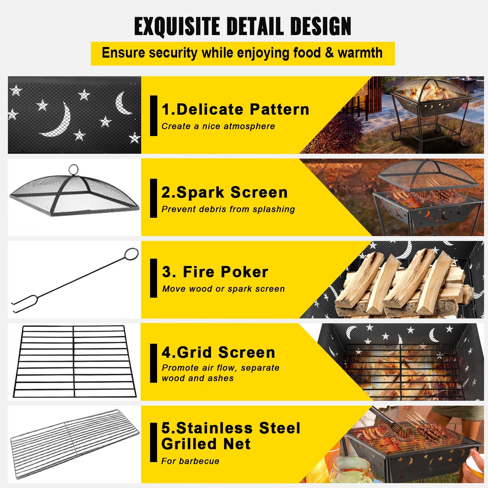 24"x24" Outdoor Fire Pit with Spark Screen, Steel BBQ Grill Bowl for Wood Burning, Includes Baking Net & Poker for Backyard Warmth
