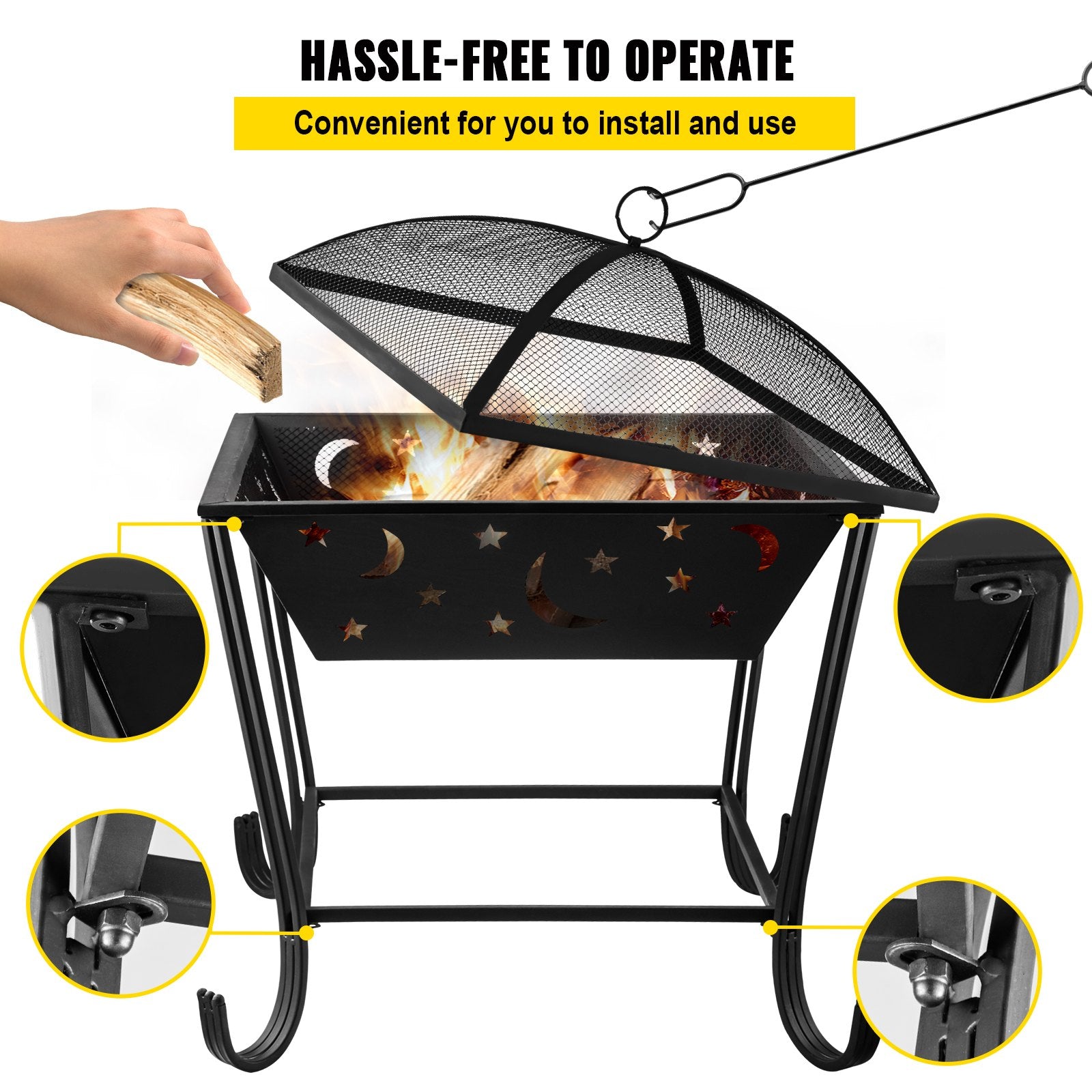 24"x24" Outdoor Fire Pit with Spark Screen, Steel BBQ Grill Bowl for Wood Burning, Includes Baking Net & Poker for Backyard Warmth