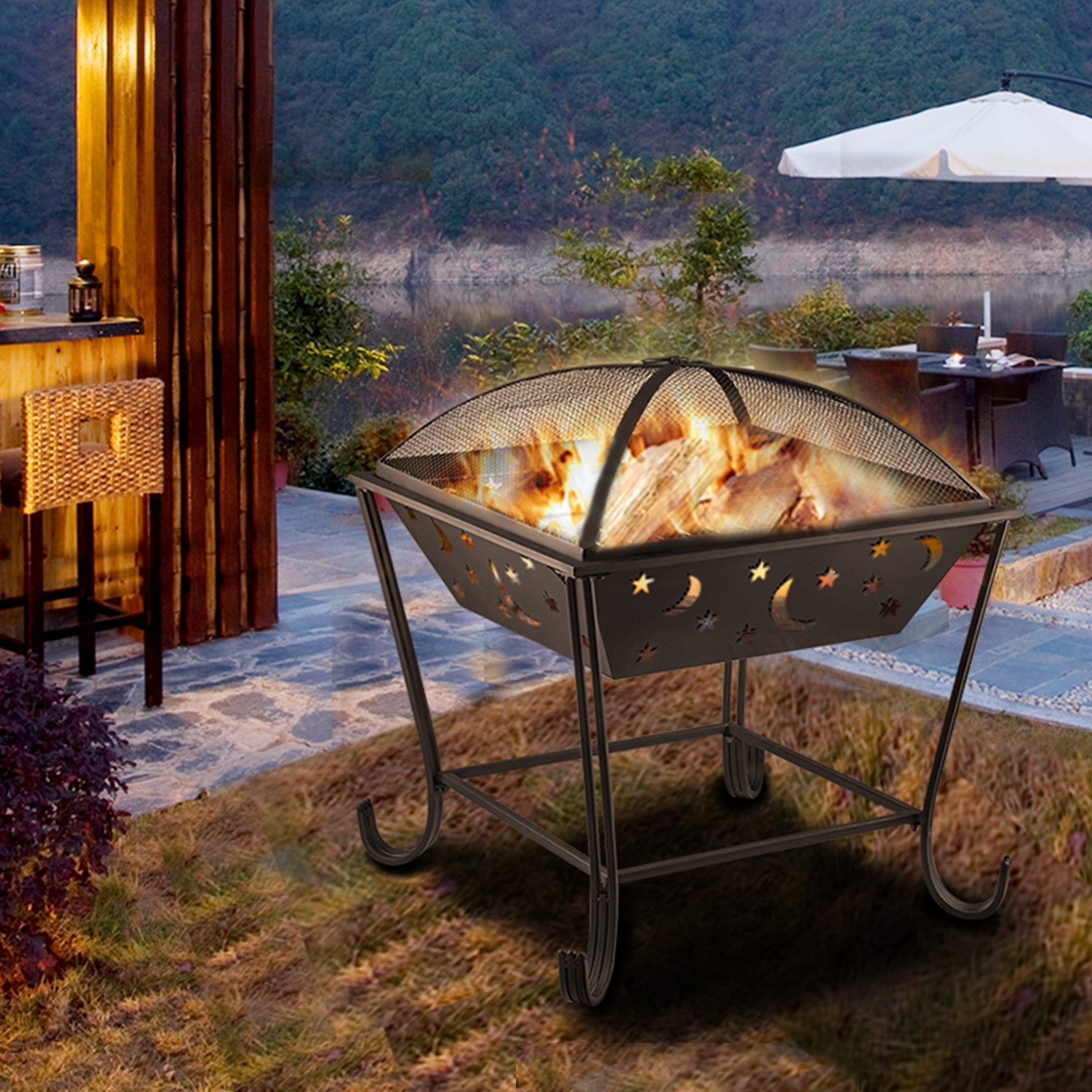 24"x24" Outdoor Fire Pit with Spark Screen, Steel BBQ Grill Bowl for Wood Burning, Includes Baking Net & Poker for Backyard Warmth