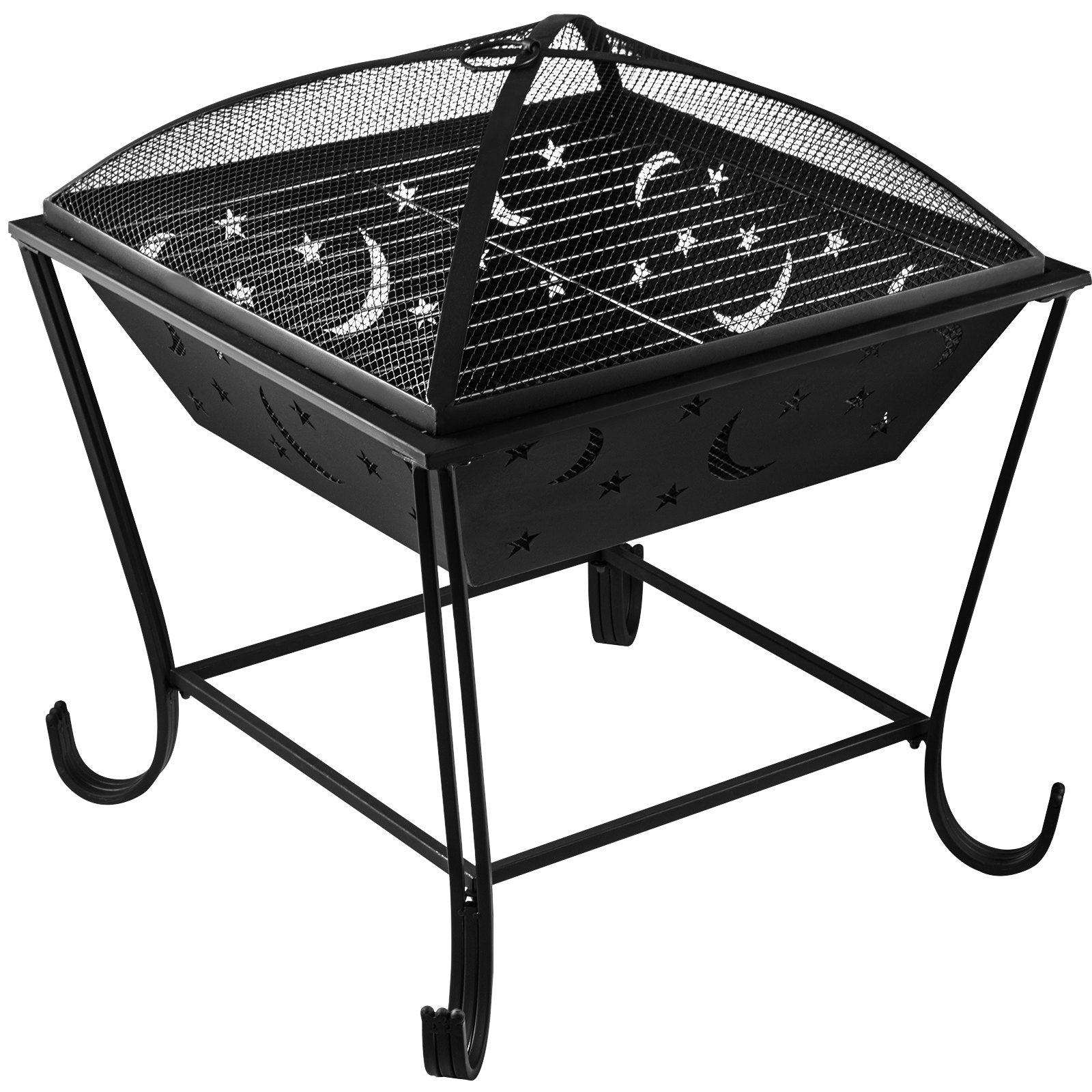 24"x24" Outdoor Fire Pit with Spark Screen, Steel BBQ Grill Bowl for Wood Burning, Includes Baking Net & Poker for Backyard Warmth