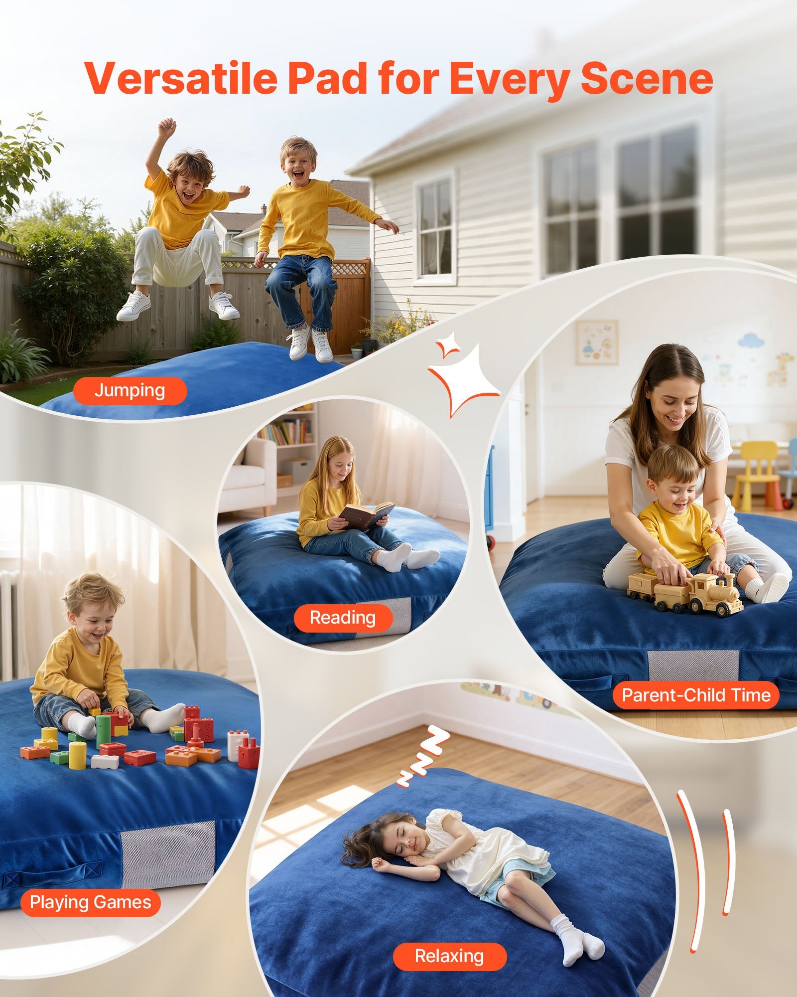 Large Kids Crash Pad 5x5 ft - Sensory Foam Blocks, Washable Pillow Mat, Soft Landing Zone for Play, Jumping, Relaxing - Blue Velvet