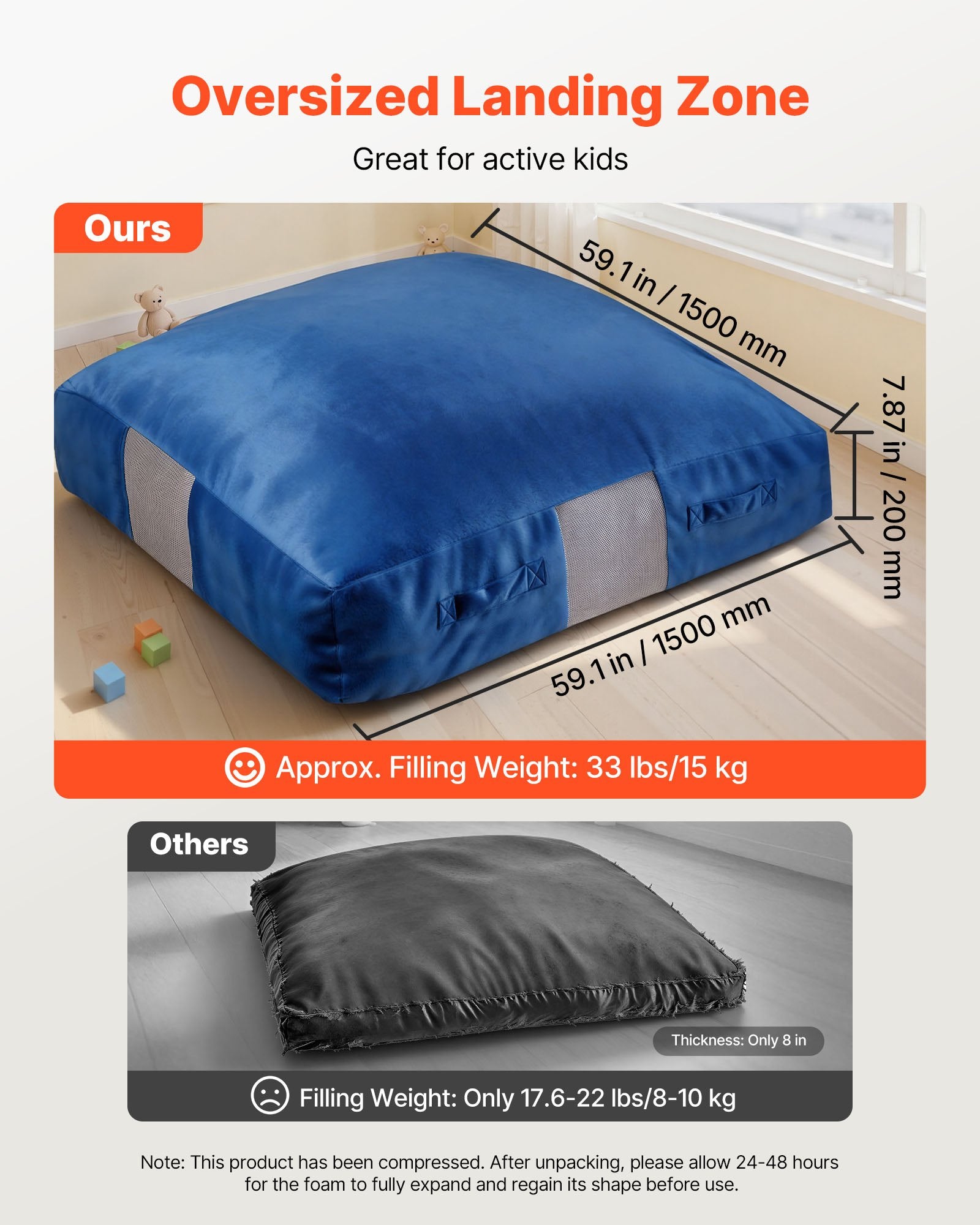 Large Kids Crash Pad 5x5 ft - Sensory Foam Blocks, Washable Pillow Mat, Soft Landing Zone for Play, Jumping, Relaxing - Blue Velvet