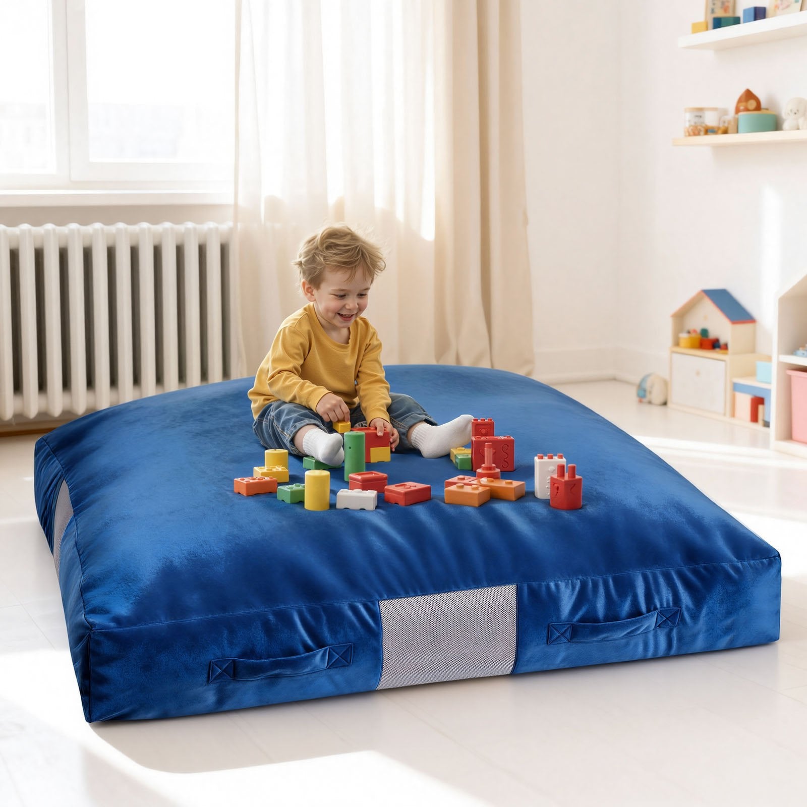 Large Kids Crash Pad 5x5 ft - Sensory Foam Blocks, Washable Pillow Mat, Soft Landing Zone for Play, Jumping, Relaxing - Blue Velvet
