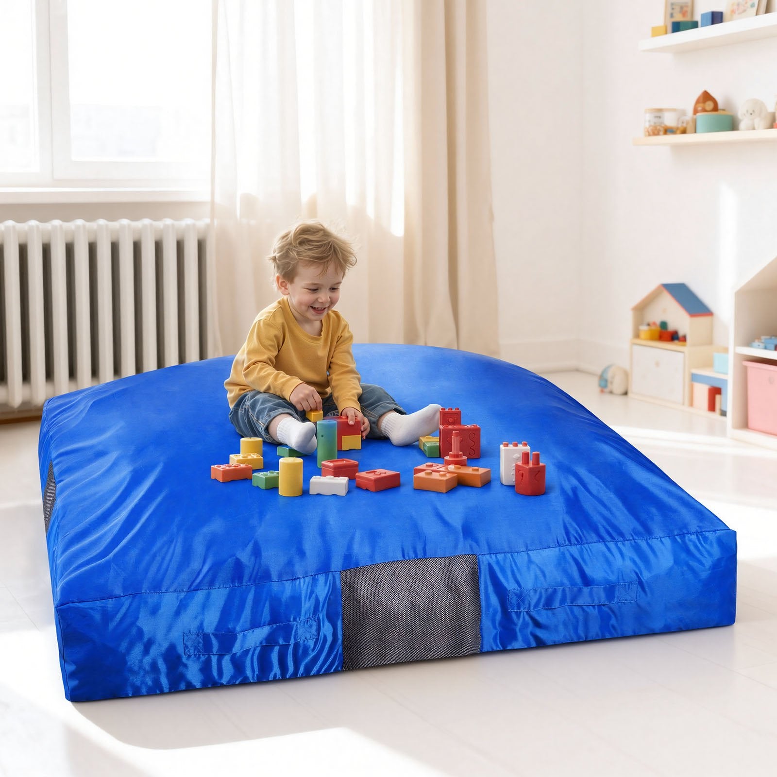 Large 5x5 ft Sensory Crash Pad for Kids with Foam Blocks, Washable Cover - Ideal for Jumping, Relaxing, Play in Sensory Rooms