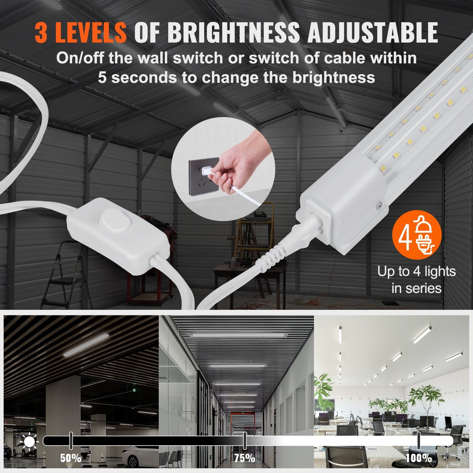 8FT LED Shop Light 10-Pack, 80W Linkable Fixture, 10000LM Ceiling Light with Adjustable Brightness and Mounting Accessories for Garage, Workshop, Warehouse, Home, Office