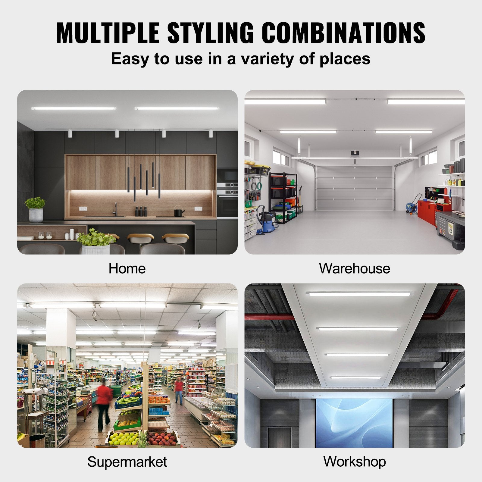 8FT LED Shop Light 10-Pack, 80W Linkable Fixture, 10000LM Ceiling Light with Adjustable Brightness and Mounting Accessories for Garage, Workshop, Warehouse, Home, Office