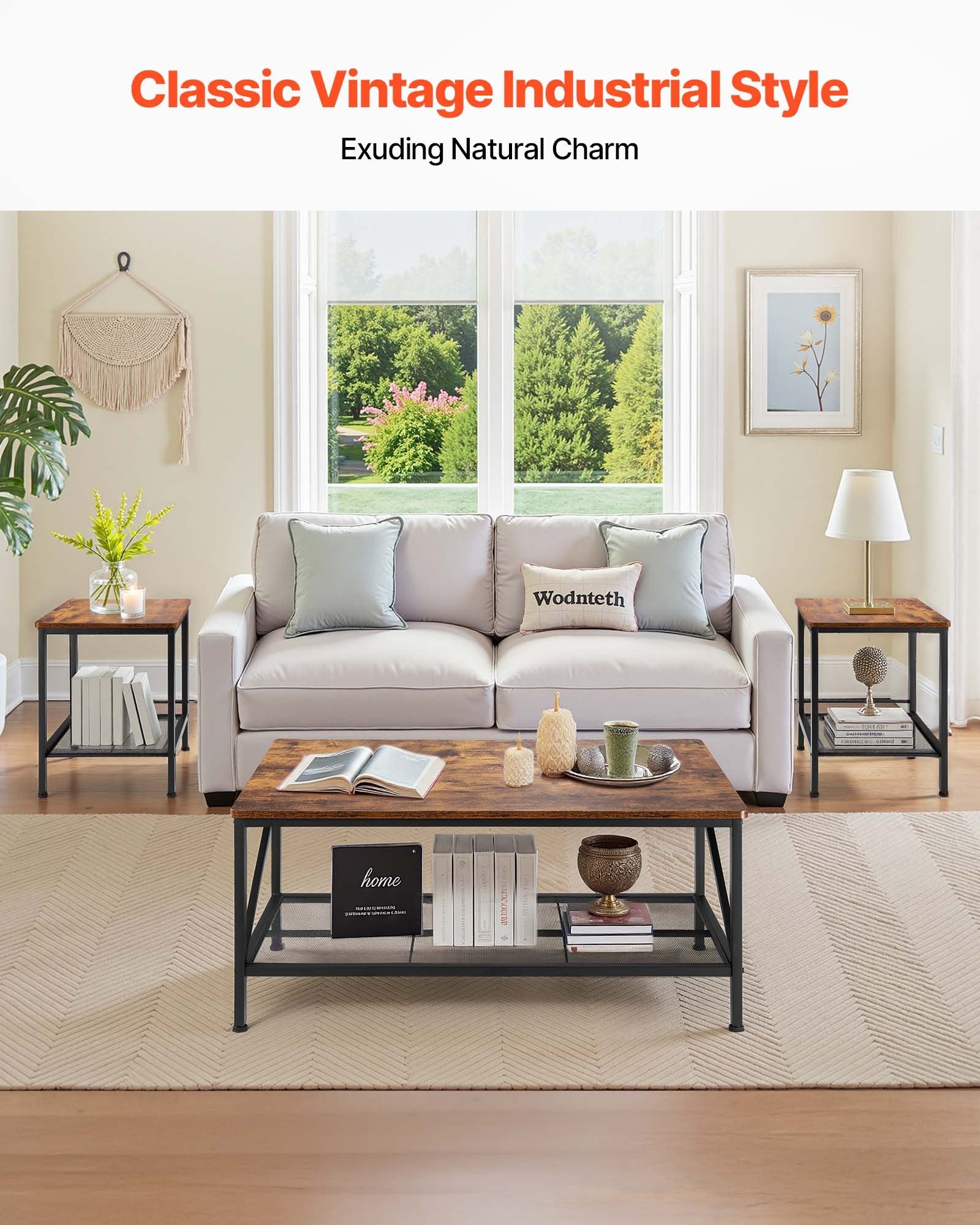 3-Piece Industrial Living Room Table Set with Metal Legs – Coffee Table & 2 Side Tables for Office, Apartment, Easy Assembly & Space Optimization