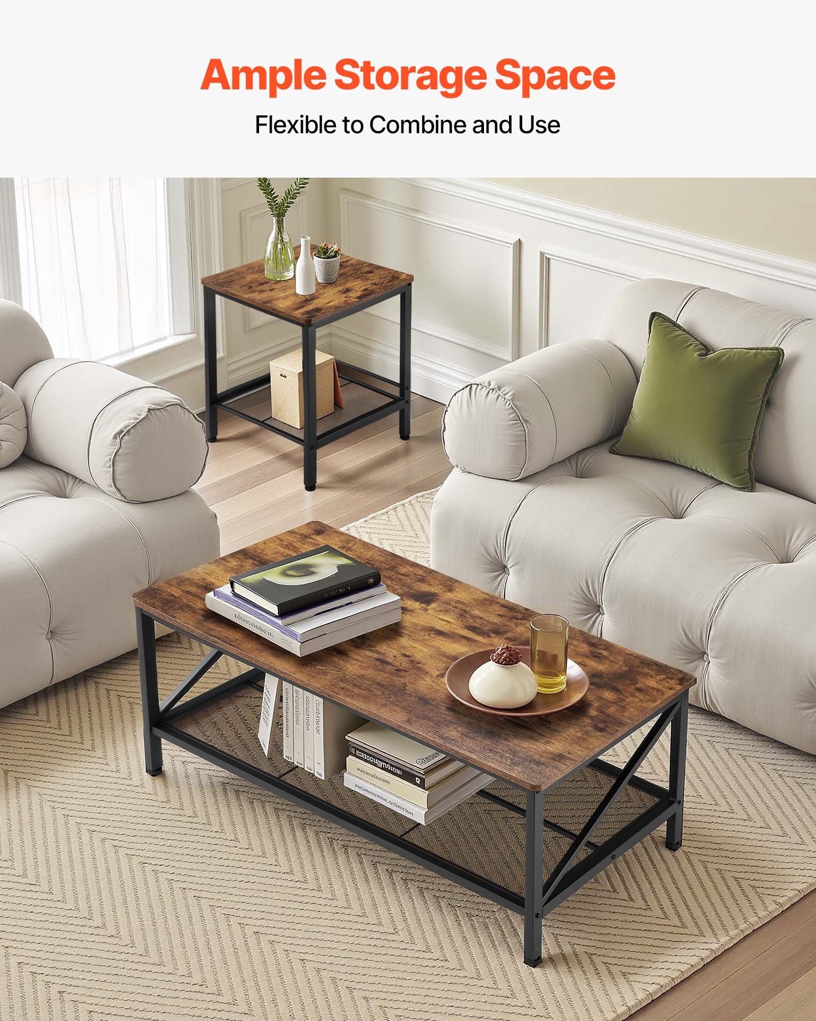 3-Piece Industrial Living Room Table Set with Metal Legs – Coffee Table & 2 Side Tables for Office, Apartment, Easy Assembly & Space Optimization