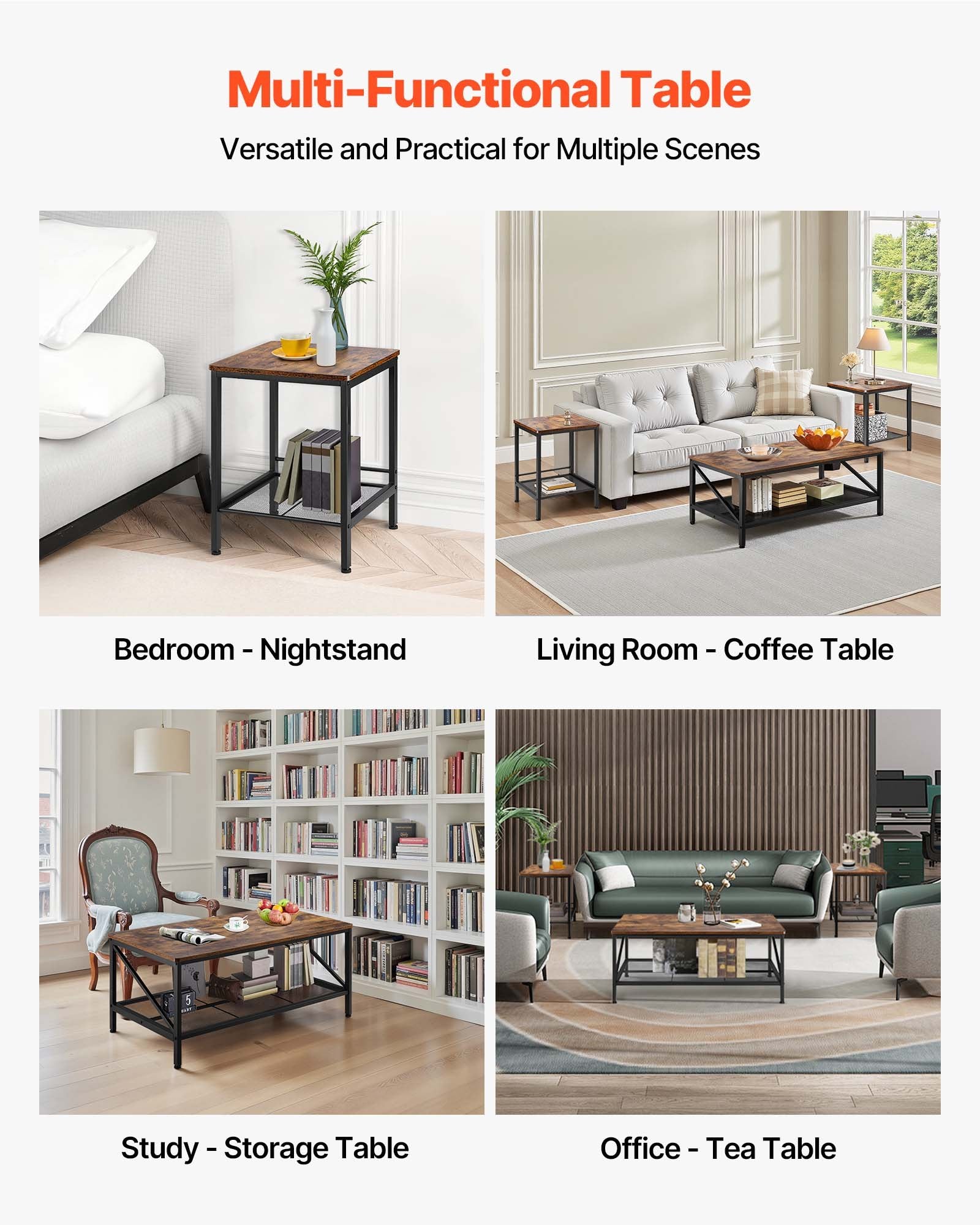 3-Piece Industrial Living Room Table Set with Metal Legs – Coffee Table & 2 Side Tables for Office, Apartment, Easy Assembly & Space Optimization