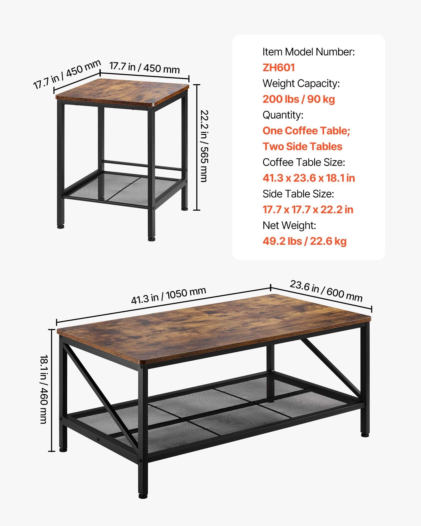 3-Piece Industrial Living Room Table Set with Metal Legs – Coffee Table & 2 Side Tables for Office, Apartment, Easy Assembly & Space Optimization
