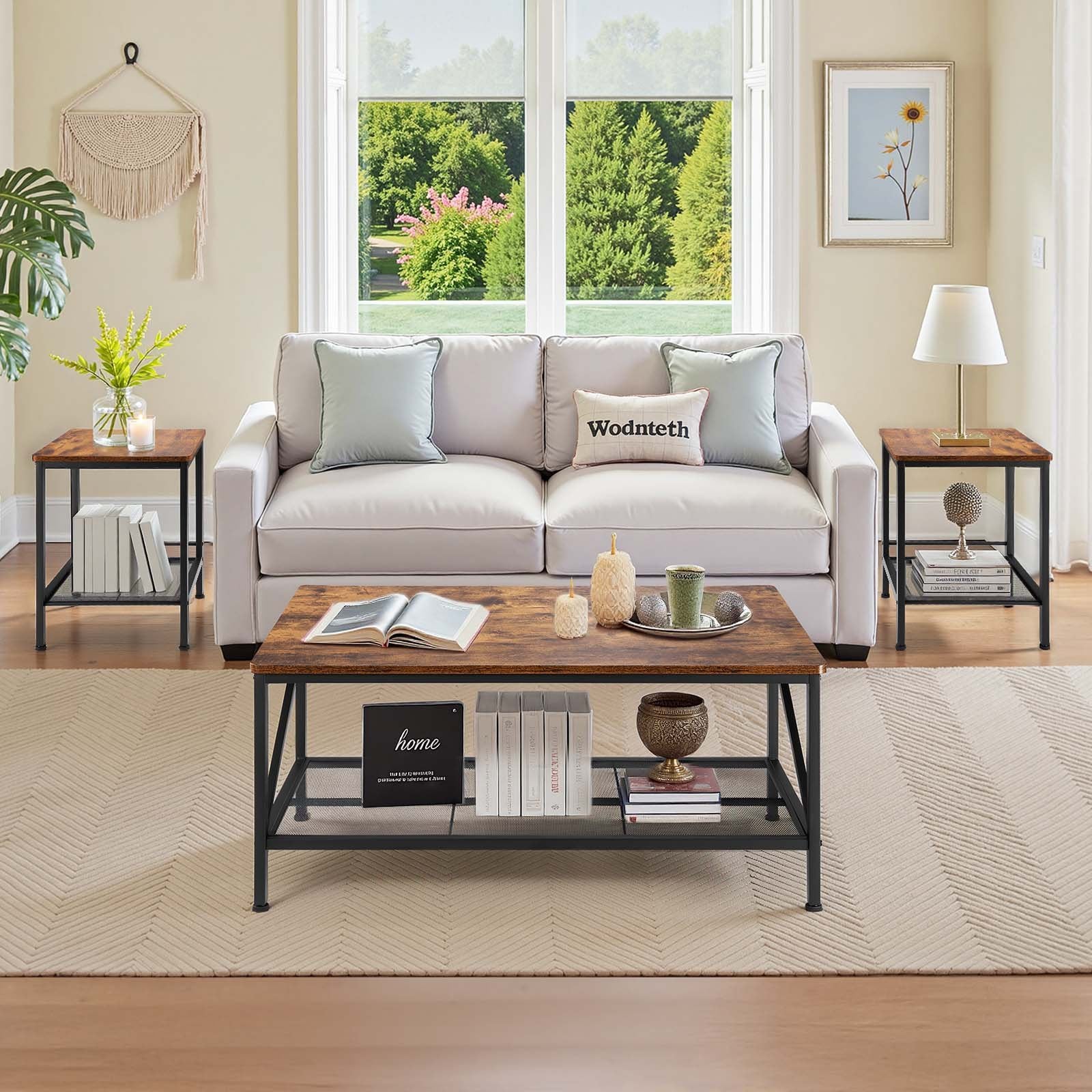 3-Piece Industrial Living Room Table Set with Metal Legs – Coffee Table & 2 Side Tables for Office, Apartment, Easy Assembly & Space Optimization