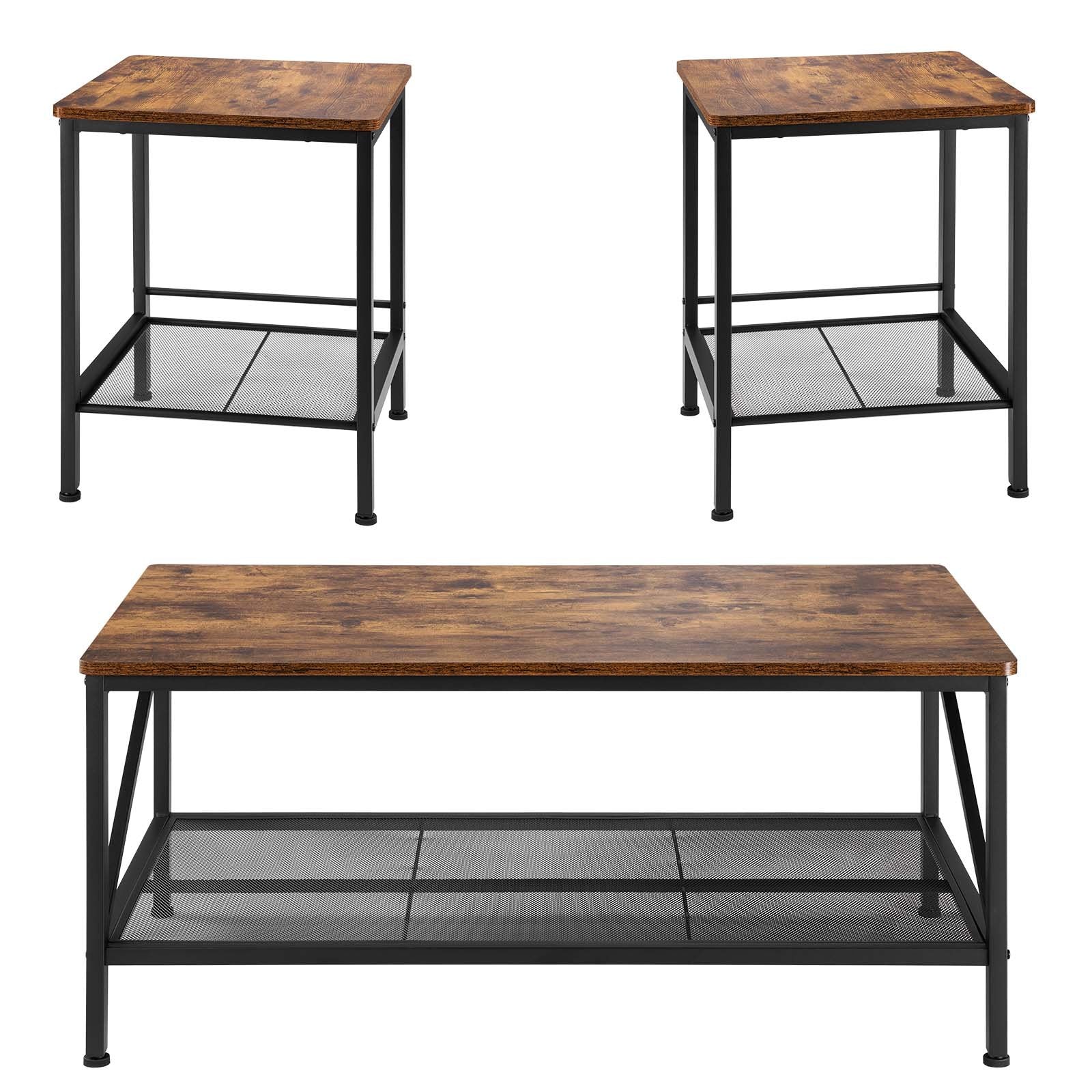 3-Piece Industrial Living Room Table Set with Metal Legs – Coffee Table & 2 Side Tables for Office, Apartment, Easy Assembly & Space Optimization