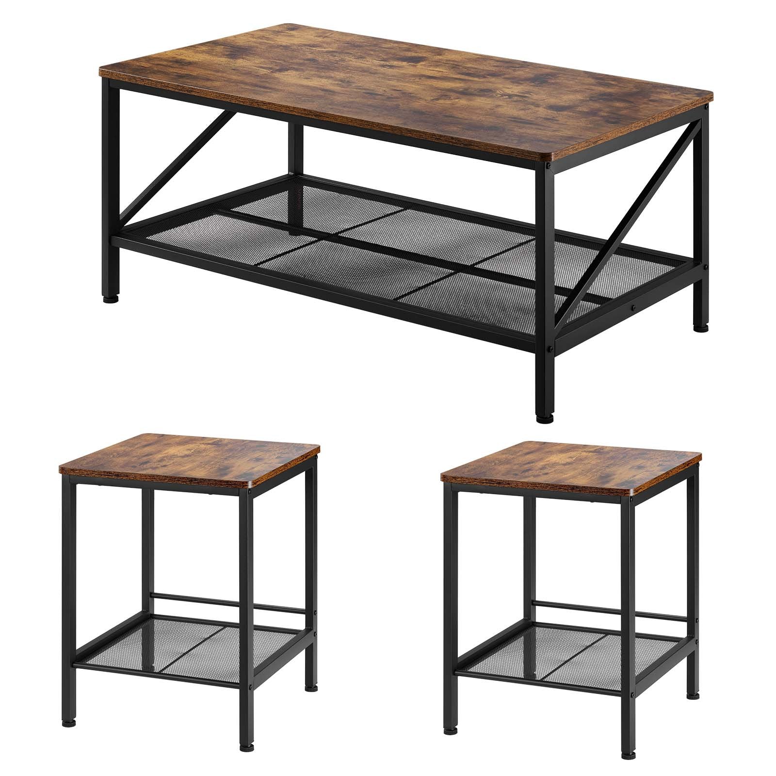3-Piece Industrial Living Room Table Set with Metal Legs – Coffee Table & 2 Side Tables for Office, Apartment, Easy Assembly & Space Optimization