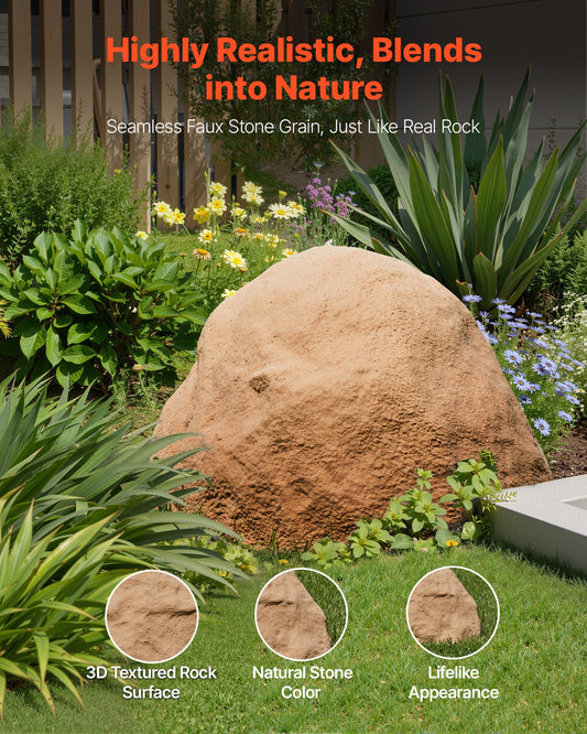 Medium Size Sandy Brown Faux Rock Cover - Realistic Texture, Weather-Resistant, Lightweight Artificial Boulder for Garden & Yard Landscaping Décor