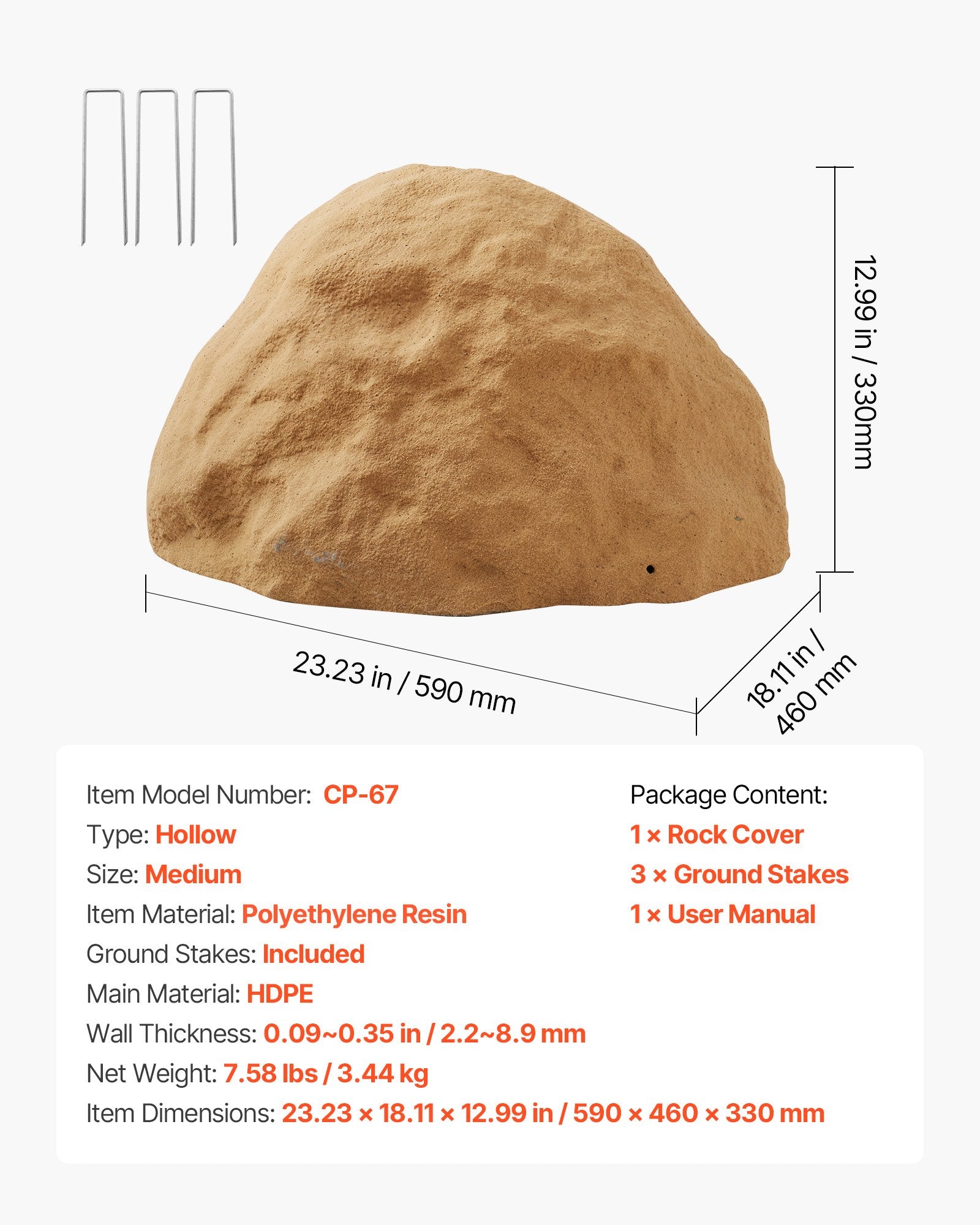 Medium Size Sandy Brown Faux Rock Cover - Realistic Texture, Weather-Resistant, Lightweight Artificial Boulder for Garden & Yard Landscaping Décor