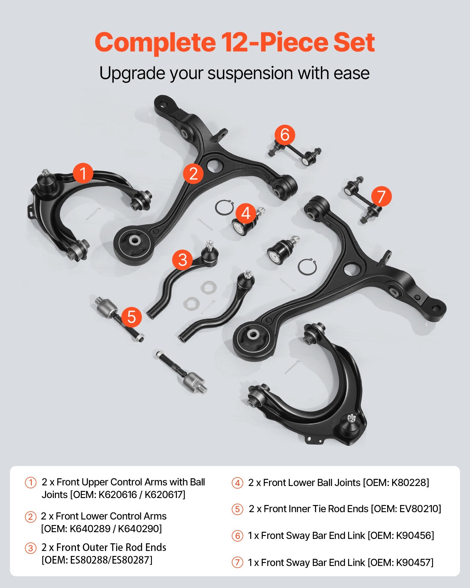 Enhanced Suspension Kit: Front Upper Lower Control Arms for 2004-2008 ACURA TSX & 2003-2007 Honda Accord, 2.4L Gas, 12PCS, Durable OEM Design