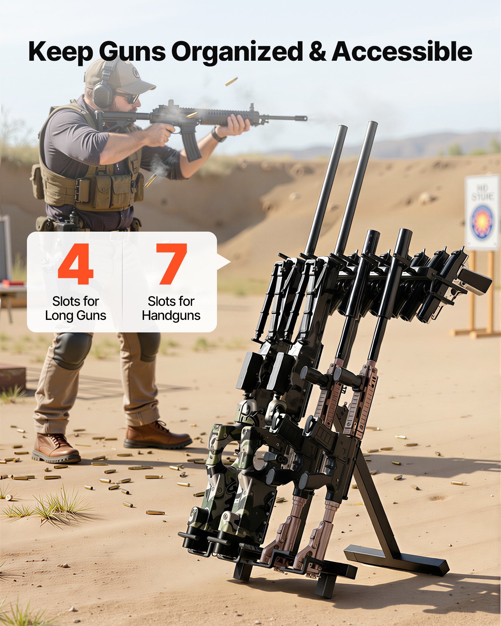 Portable Folding Gun Rack Stand - Heavy Duty Steel, Freestanding Display for Indoor/Outdoor Use, Holds 7 Pistols & 4 Rifles/Shotguns, Ideal for Shooting & Hunting Range, Space-Saving Design with Protective Coating, Easy Installation & Adjustable Height.