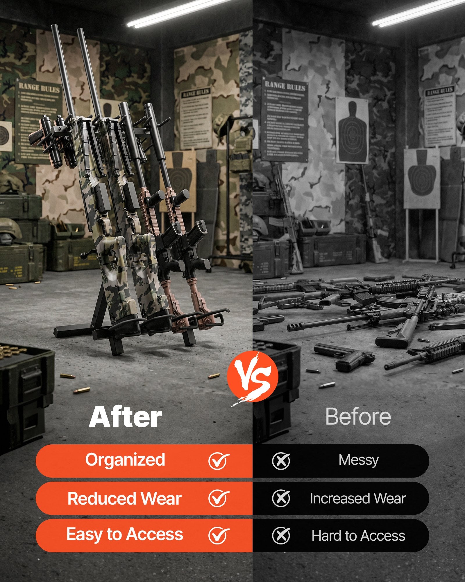 Portable Folding Gun Rack Stand - Heavy Duty Steel, Freestanding Display for Indoor/Outdoor Use, Holds 7 Pistols & 4 Rifles/Shotguns, Ideal for Shooting & Hunting Range, Space-Saving Design with Protective Coating, Easy Installation & Adjustable Height.