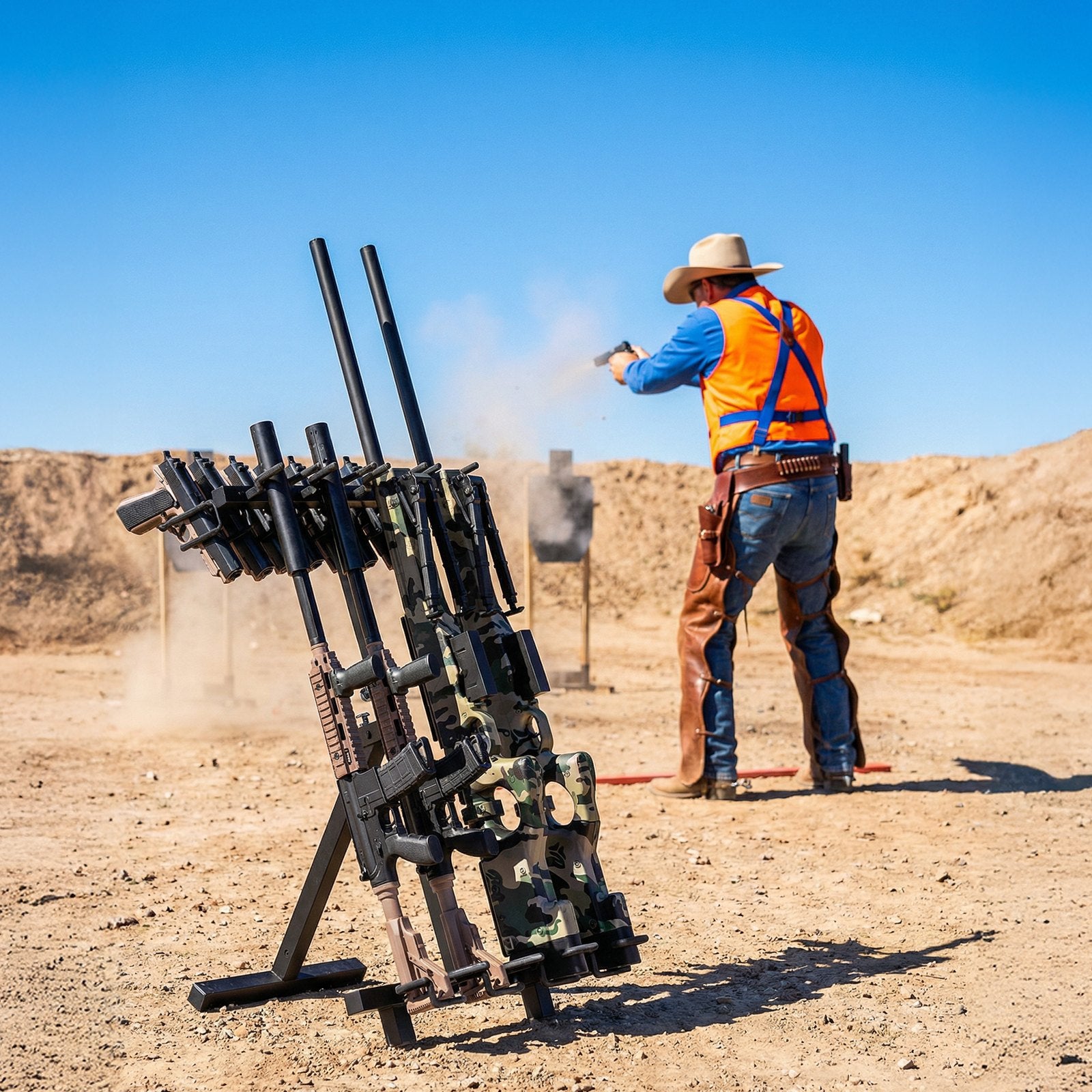 Portable Folding Gun Rack Stand - Heavy Duty Steel, Freestanding Display for Indoor/Outdoor Use, Holds 7 Pistols & 4 Rifles/Shotguns, Ideal for Shooting & Hunting Range, Space-Saving Design with Protective Coating, Easy Installation & Adjustable Height.