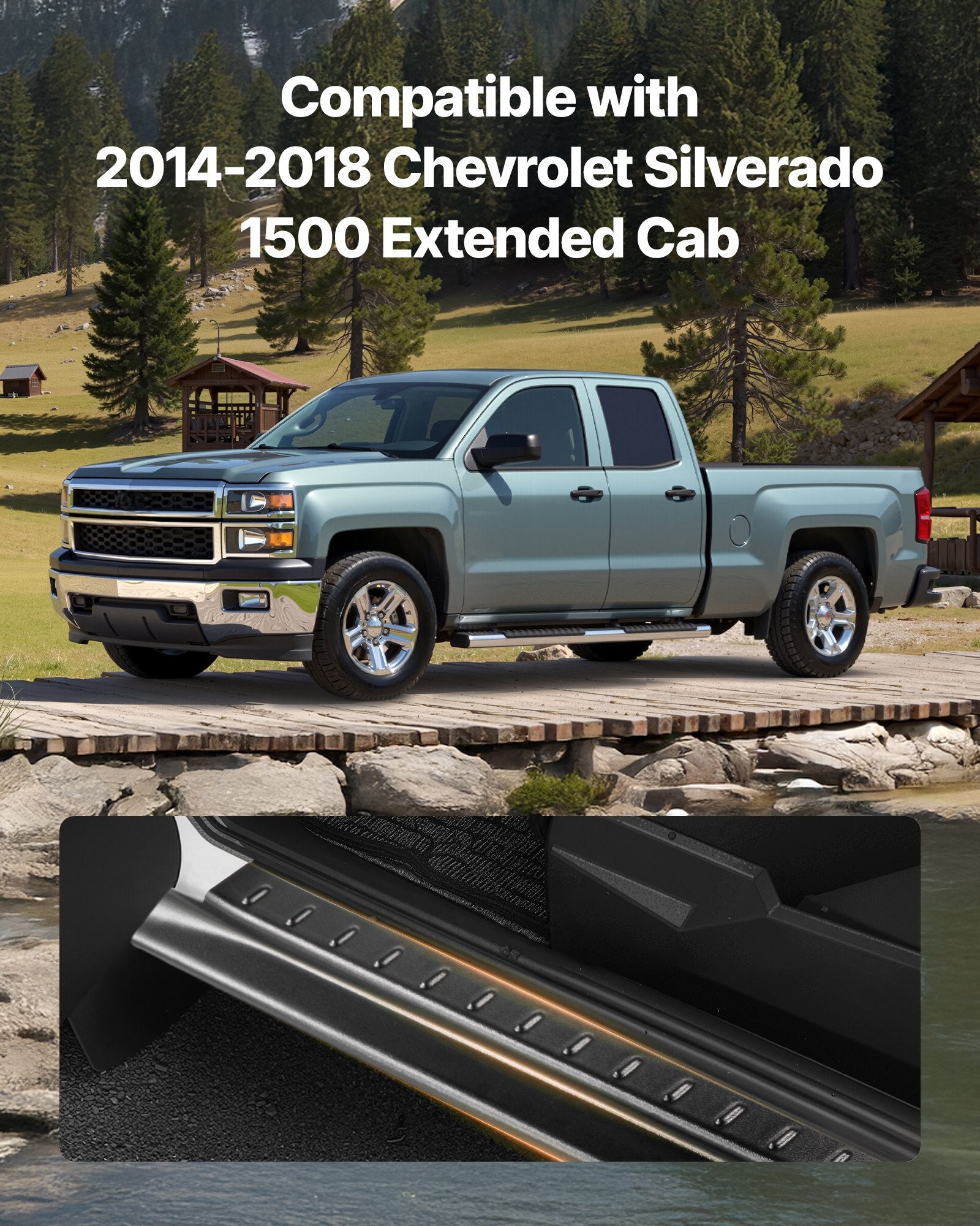 Chevrolet Silverado 1500 Rocker Panel Guard Set, Trail Armor Skirts, 2014-2018 Extended Cab, No-Drill, Black, 3M Adhesive, Durable TPO