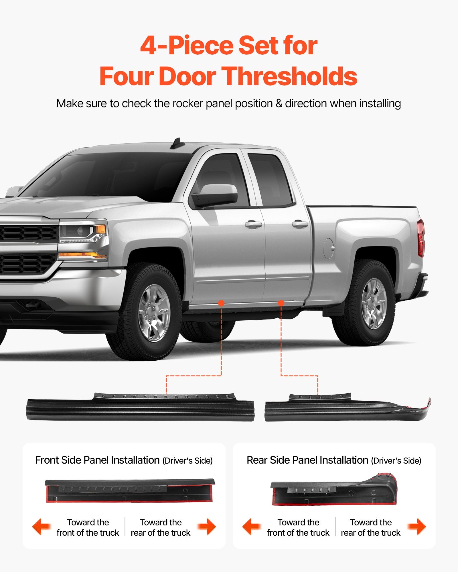 Chevrolet Silverado 1500 Rocker Panel Guard Set, Trail Armor Skirts, 2014-2018 Extended Cab, No-Drill, Black, 3M Adhesive, Durable TPO