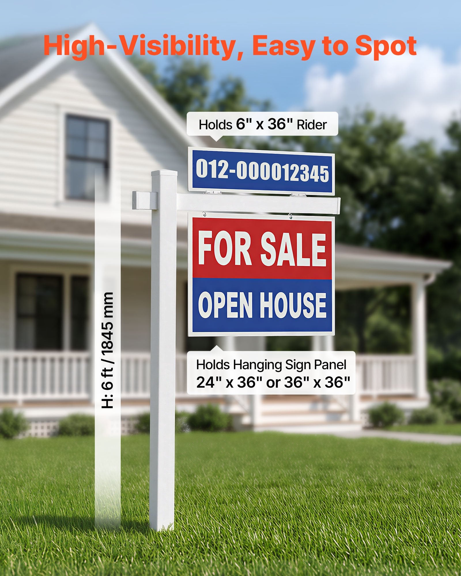 6 ft PVC Real Estate Yard Sign Post with 47 in Arm, Wind-Resistant, Easy Install for Open House, Outdoor Use, Durable Realtor White Holder