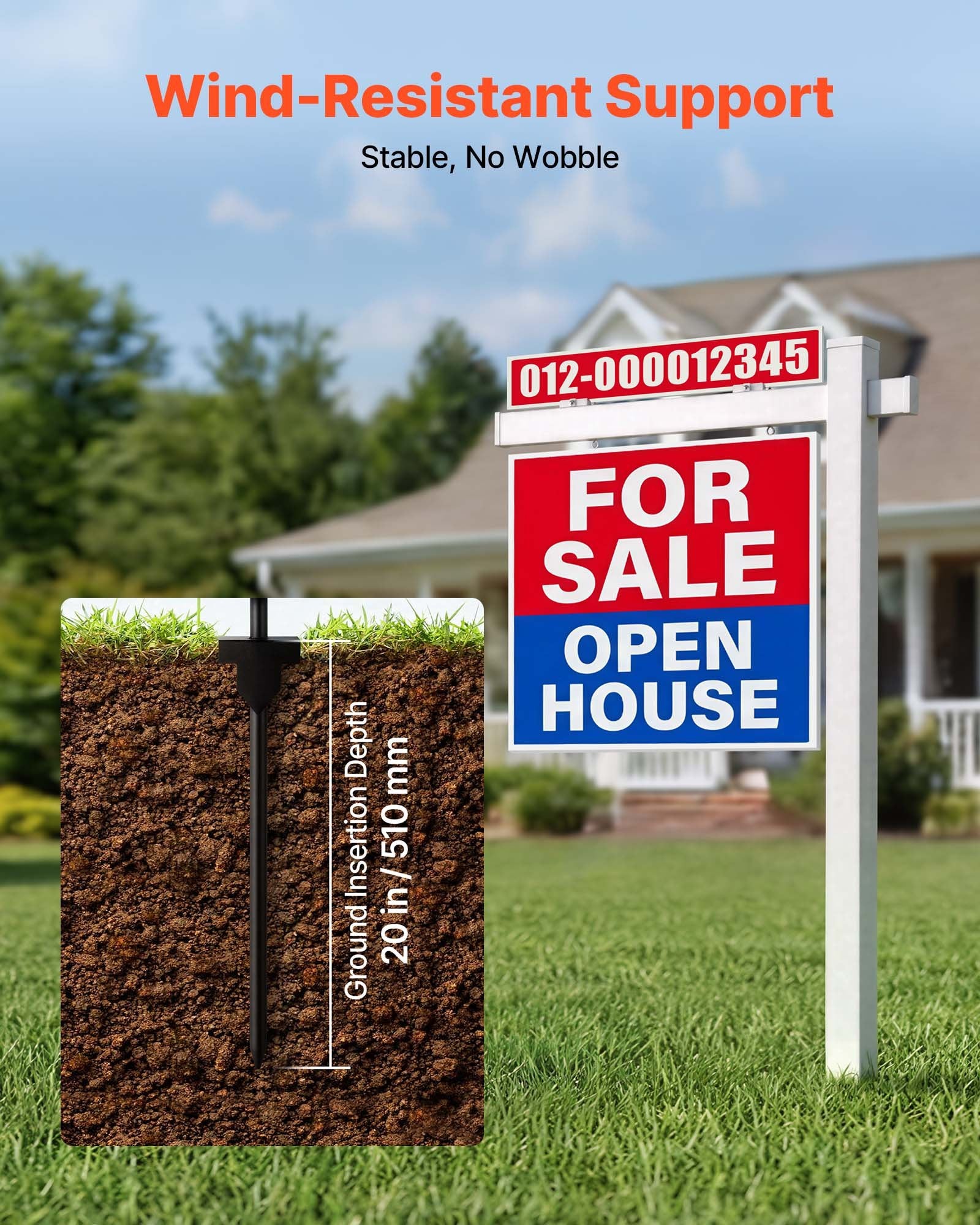 6 ft PVC Real Estate Yard Sign Post with 47 in Arm, Wind-Resistant, Easy Install for Open House, Outdoor Use, Durable Realtor White Holder