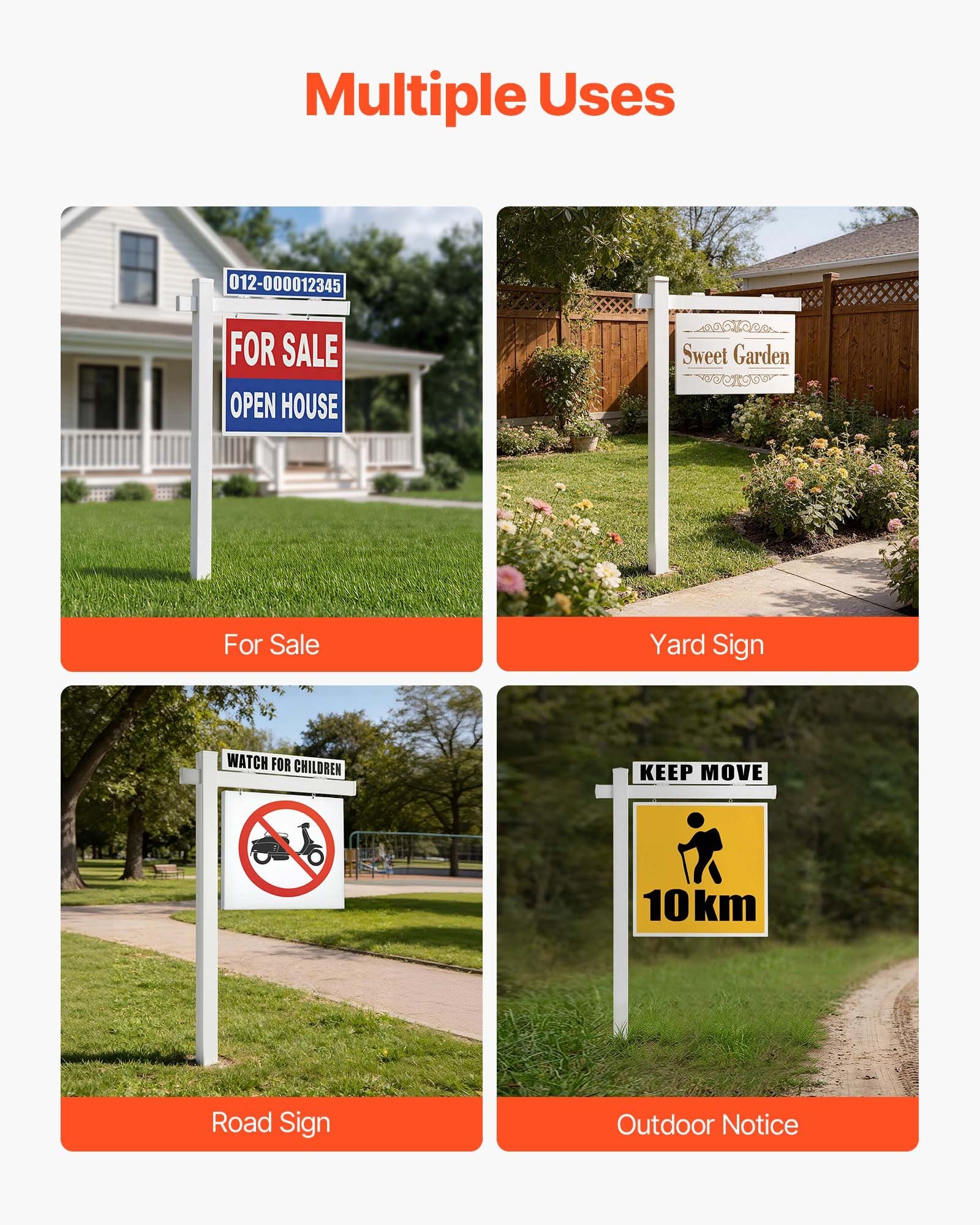 6 ft PVC Real Estate Yard Sign Post with 47 in Arm, Wind-Resistant, Easy Install for Open House, Outdoor Use, Durable Realtor White Holder