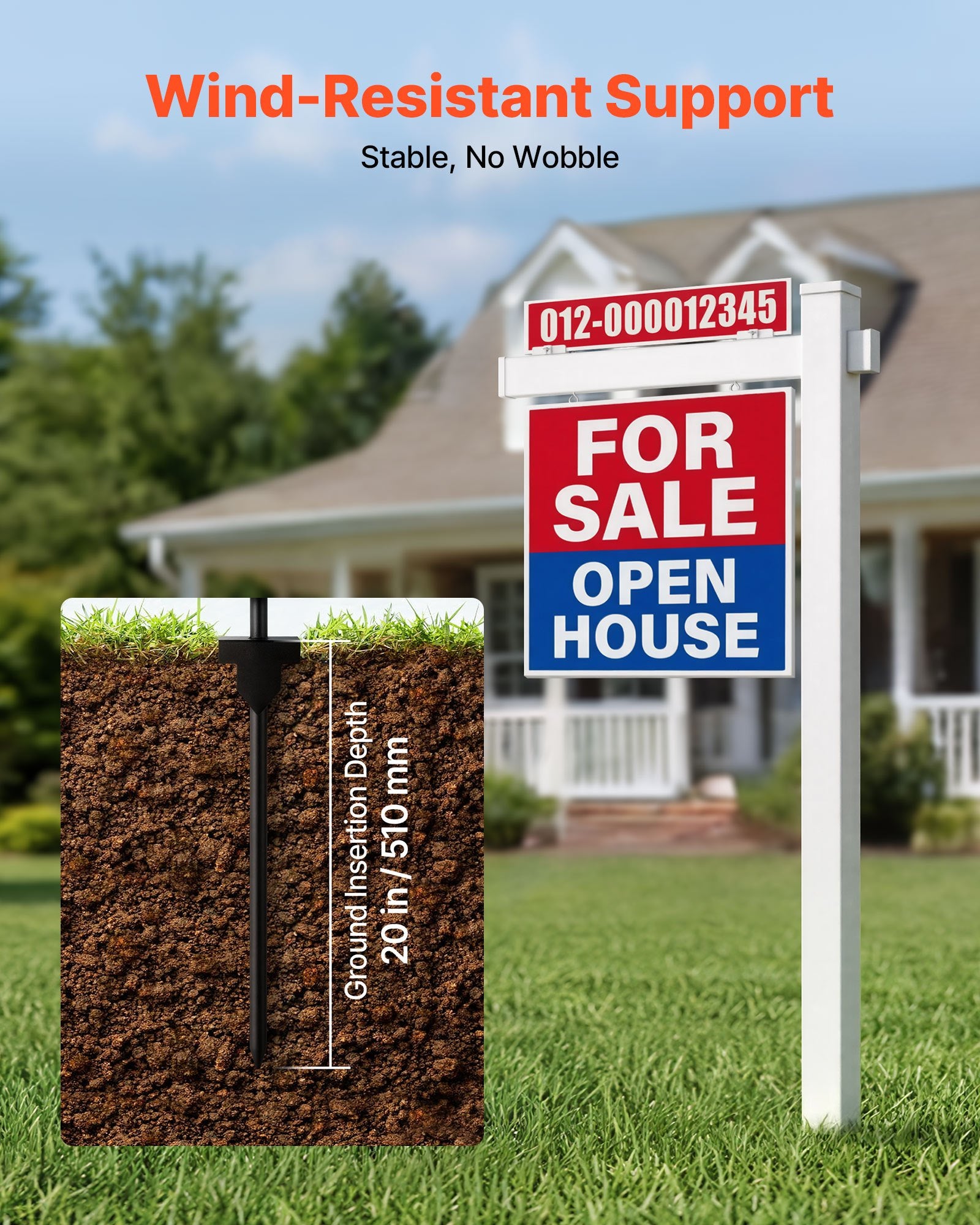 6 ft PVC Real Estate Sign Post with 36 in Arm, Easy Install, Wind-Resistant, for Open House, Yard, Roadside, Outdoor Display, White Holder