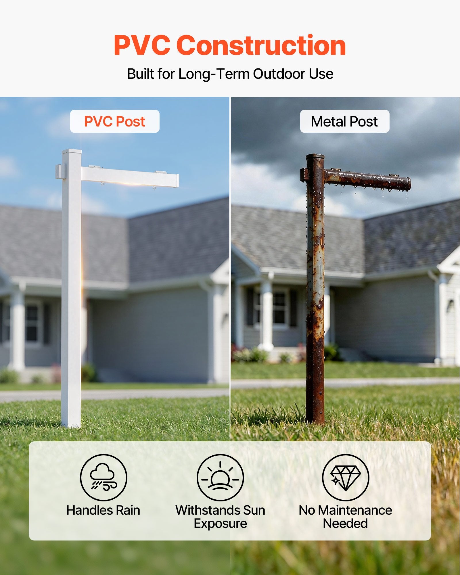6 ft PVC Real Estate Sign Post with 36 in Arm, Easy Install, Wind-Resistant, for Open House, Yard, Roadside, Outdoor Display, White Holder