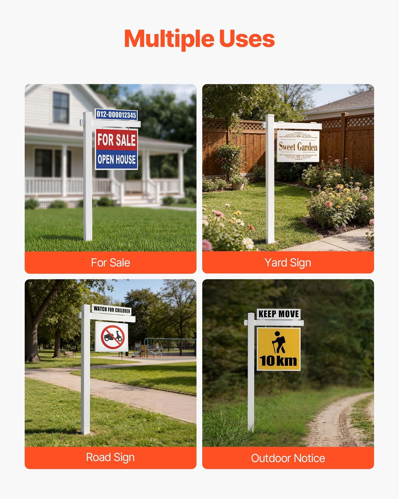 6 ft PVC Real Estate Sign Post with 36 in Arm, Easy Install, Wind-Resistant, for Open House, Yard, Roadside, Outdoor Display, White Holder