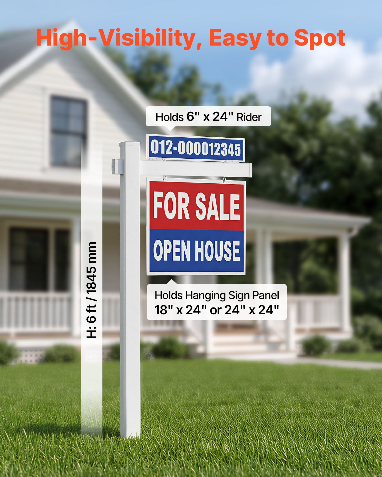6 ft Tall PVC Real Estate Sign Post Set, 2-Pack - Durable, Wind-Resistant Yard Sign Holder for Open Houses and More, Easy Install, White
