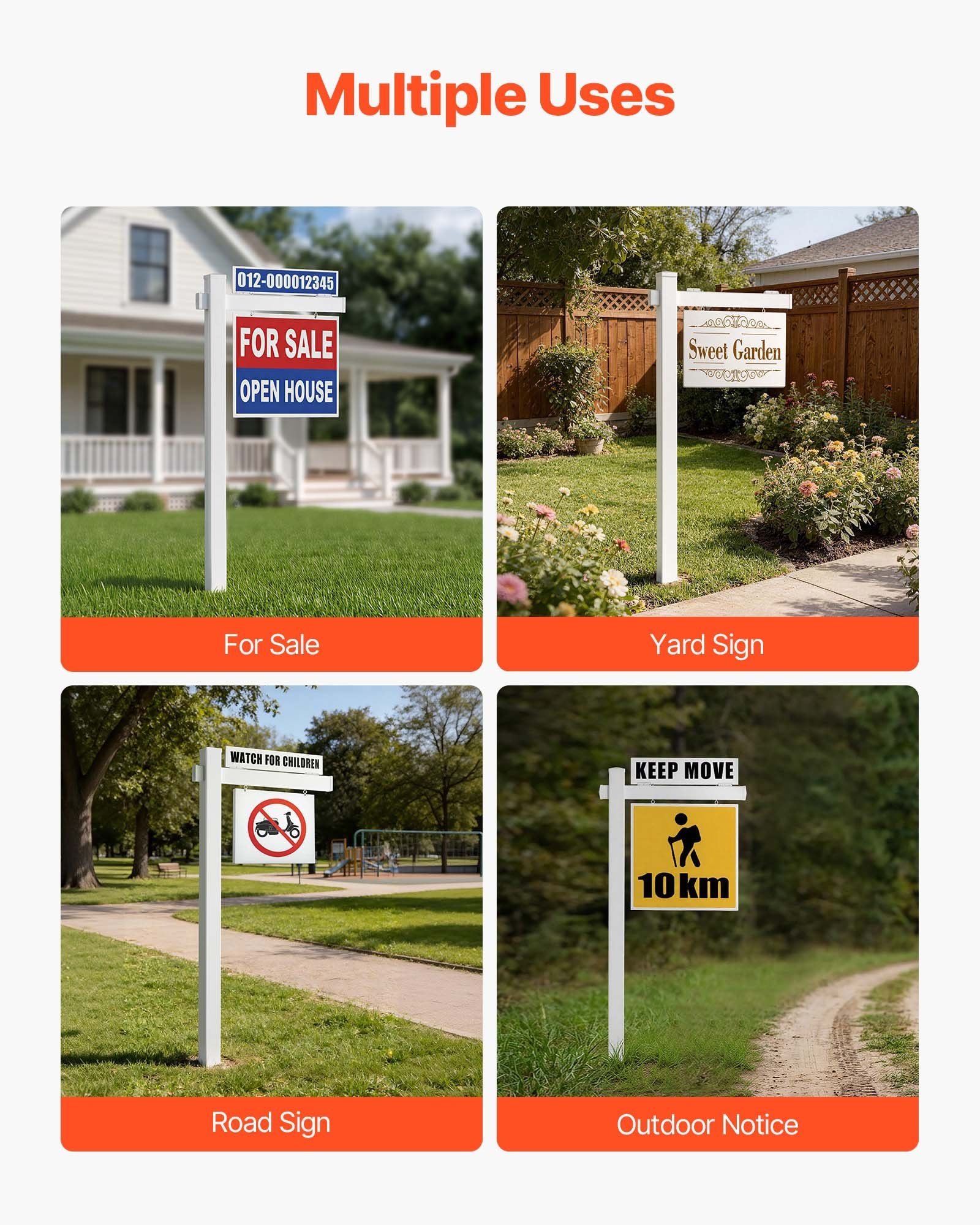 6 ft Tall PVC Real Estate Sign Post Set, 2-Pack - Durable, Wind-Resistant Yard Sign Holder for Open Houses and More, Easy Install, White